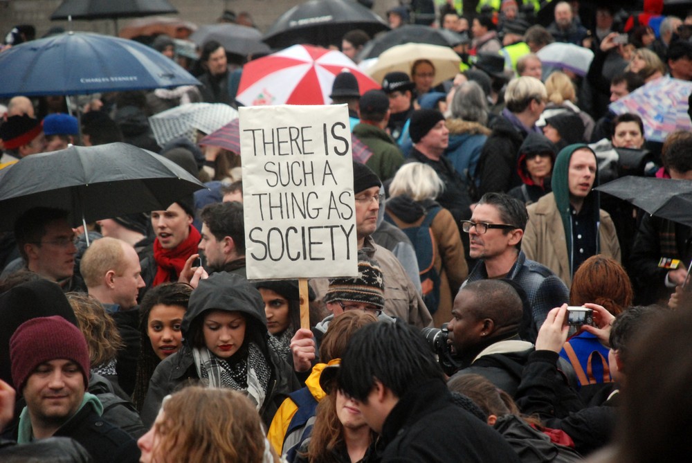 Hundreds braved the London rain on Saturday night to mark the death of Margaret Thatcher. The former British Prime Minister once famously stated that "there is no such thing as society - there are individual men and women, and families". 
