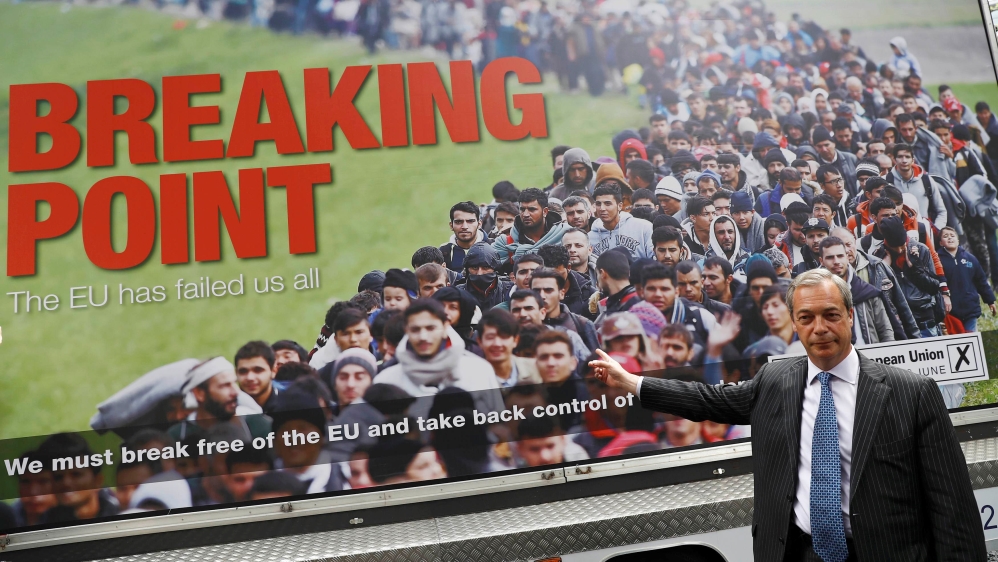 Nigel Farage, then-leader of the UK Independence Party, conducts the launch for a referendum poster in London on June 16, 2016, days before the Brexit vote