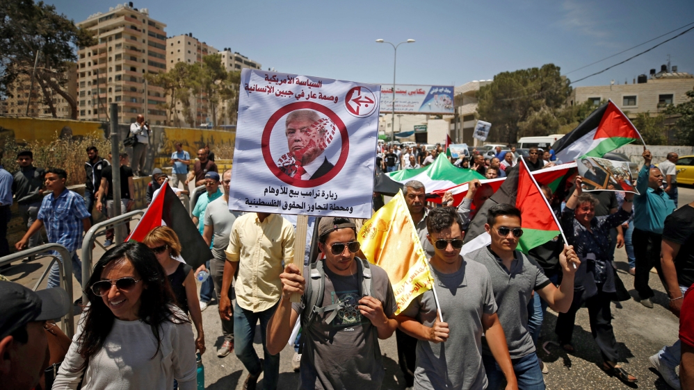 Palestinians demonstrated throughout the occupied West Bank on Monday before Trump's visit [Mohamad Torokman/Reuters]