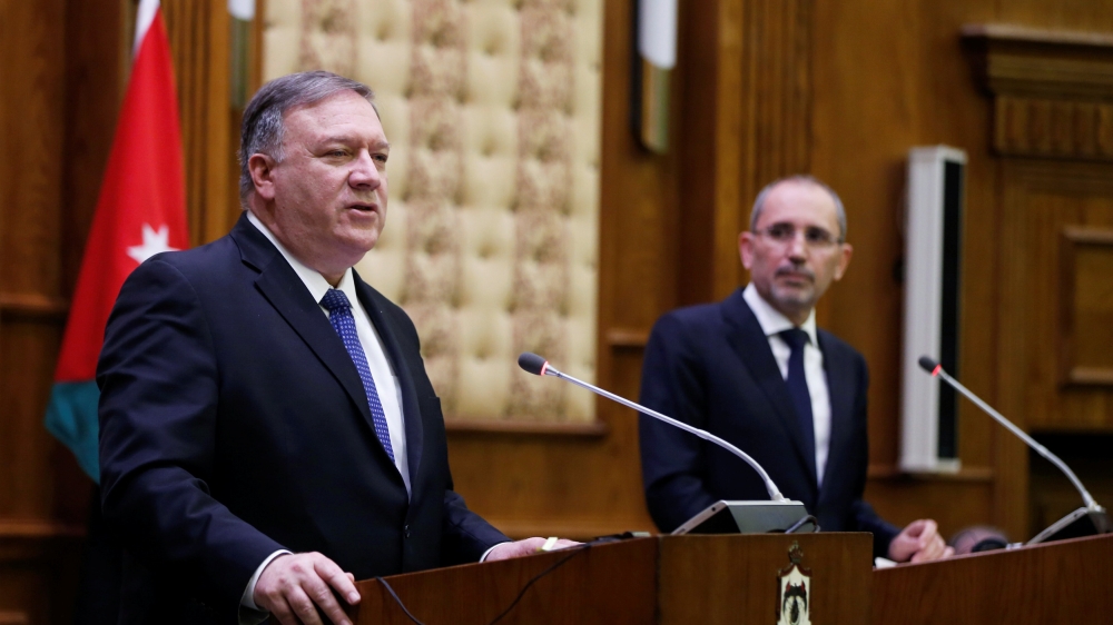 U.S. Secretary of State Mike Pompeo talks during a news conference with Jordanian Foreign Minister Ayman Safadi in Amman, Jordan January 8, 2019