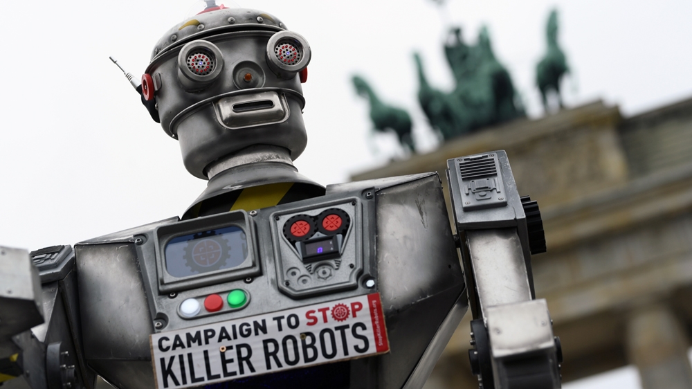 Activists from the Campaign to Stop Killer Robots, a coalition of non-governmental organisations opposing lethal autonomous weapons, stage a protest in Berlin in 2019