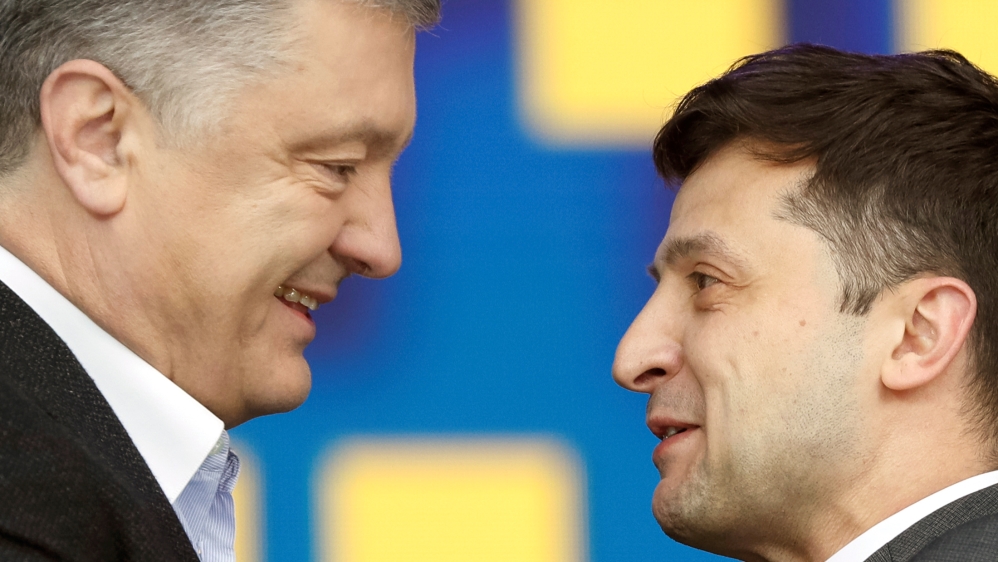 Ukraine”s then-president and presidential candidate Petro Poroshenko attends a policy debate with his rival, comedian Volodymyr Zelenskyy, at the National Sports Complex Olimpiyskiy in Kyiv, Ukraine, on April 19, 2019