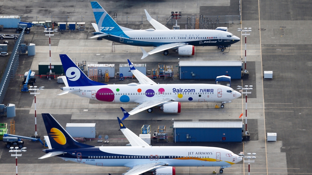 An aerial photo shows Jet Airways and 9 Air Boeing 737 MAX airplanes, as well as a 737 MAX 7, grounded at Boeing Field in Seattle