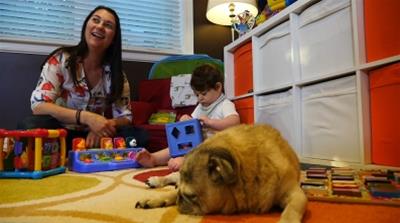 Michael Pirovolakis plays with his mother and their family dog. Michael, now 19 months old, must work harder than other kids his age to do basic things such as walking, sitting, crawling and eating