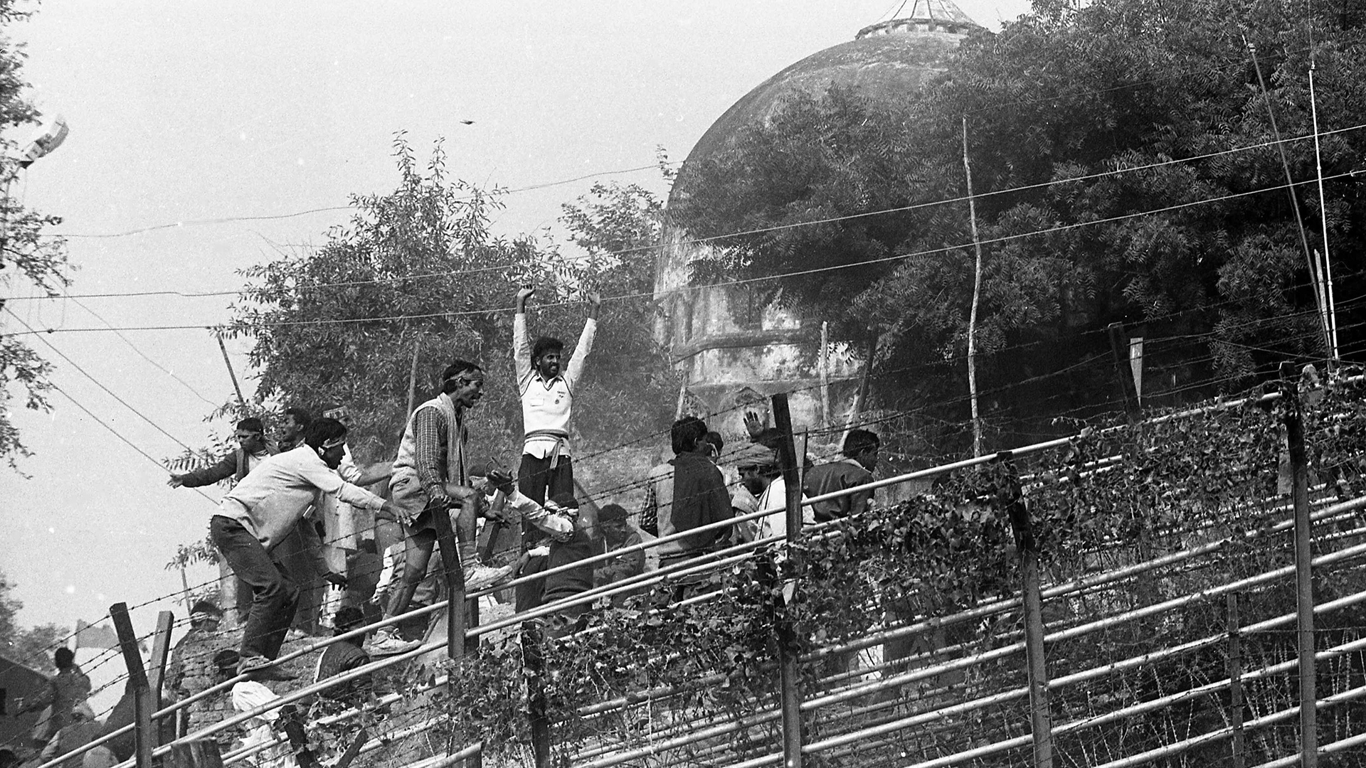 The Mughal-era Babri Mosque being demolished in Ayodhya, Uttar Pradesh, December 6, 1992
