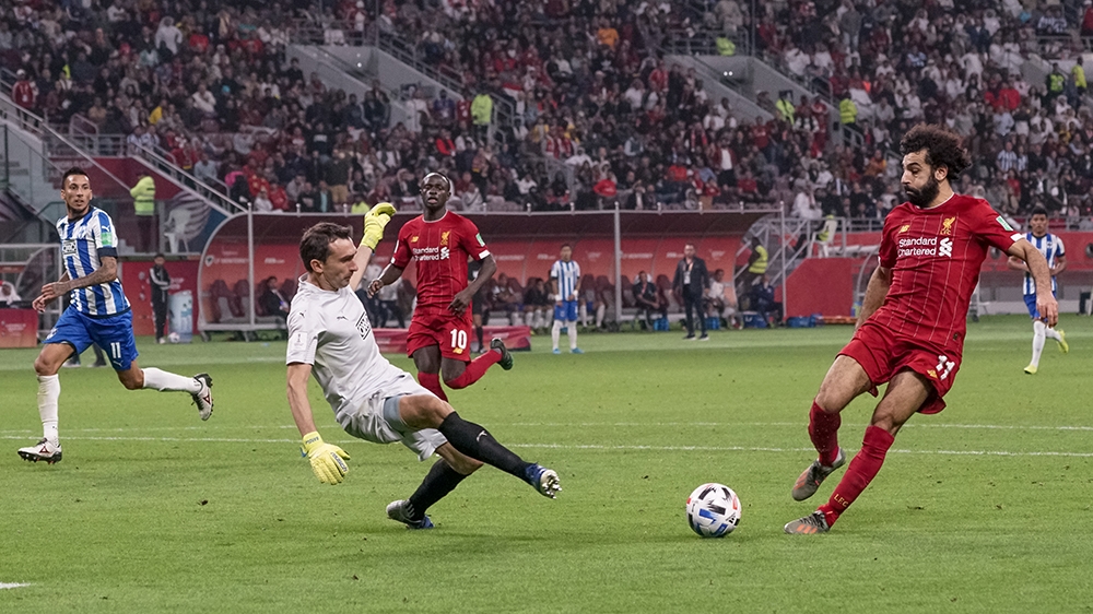 Salah of Liverpool tries to dribble past Monterrey’s goalkeeper Marcelo Barovero