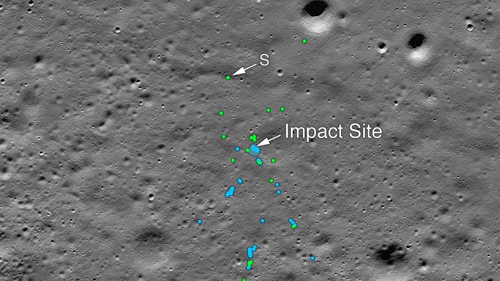 This image shows the Vikram Lander impact point and associated debris field. Green dots indicate spacecraft debris (confirmed or likely). Blue dots locate disturbed soil, likely where small bits of the spacecraft churned up the regolith. “S” indicates debris identified by Shanmuga Subramanian