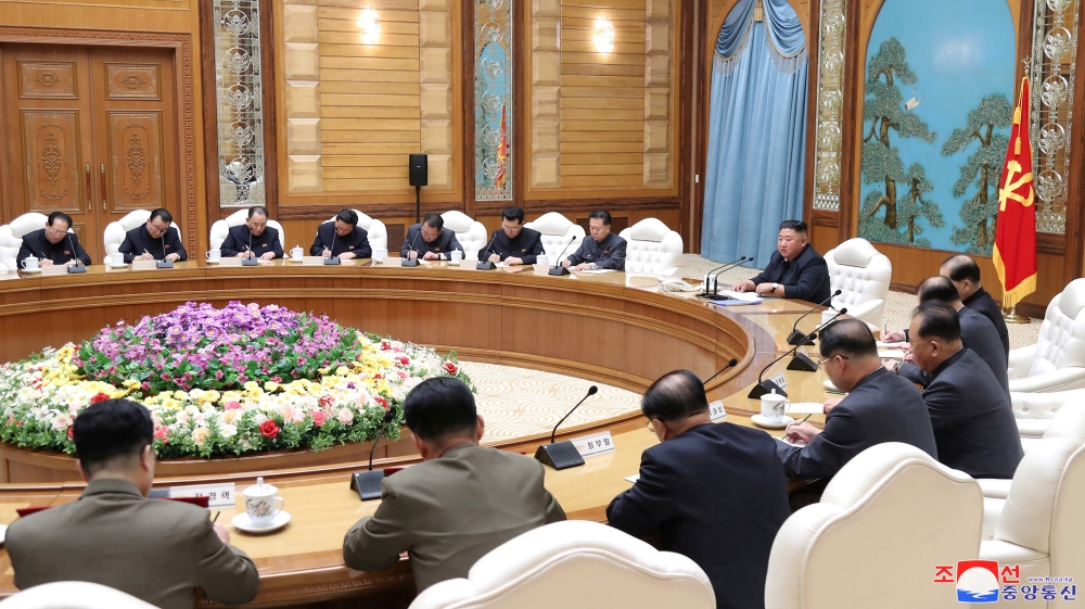 North Korean leader Kim Jong Un takes part in a meeting of the Political Bureau of the Central Committee of the Workers'' Party of Korea