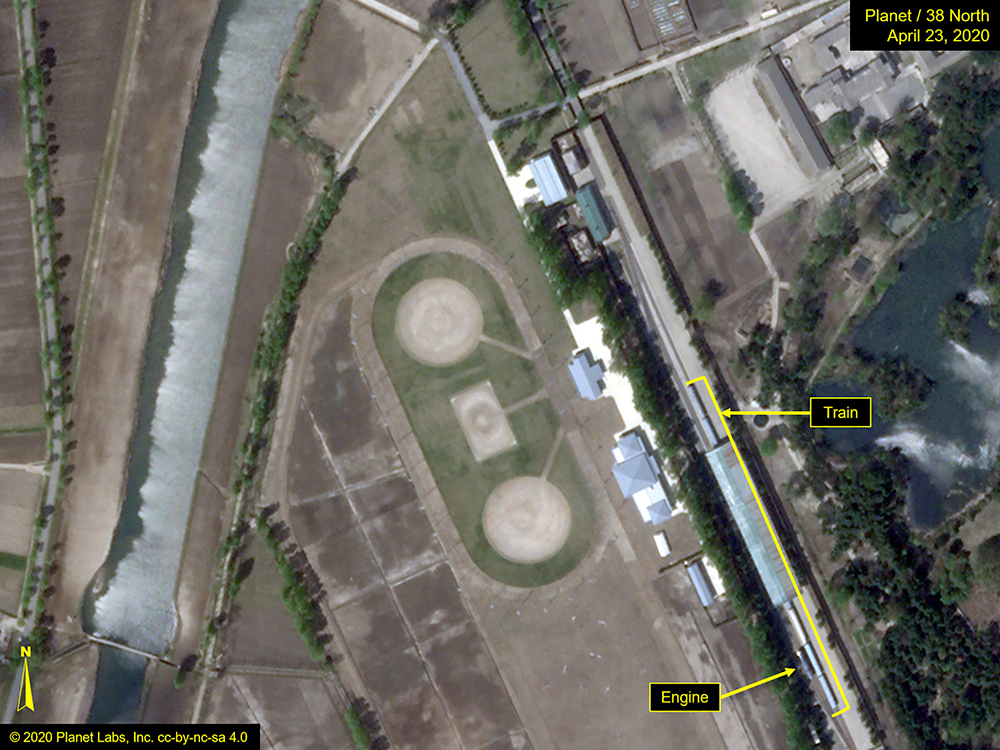 What is described by Washington-based North Korea monitoring project 38 North as a special train possibly belonging to North Korean leader Kim Jong Un is seen in a satellite image with graphics taken