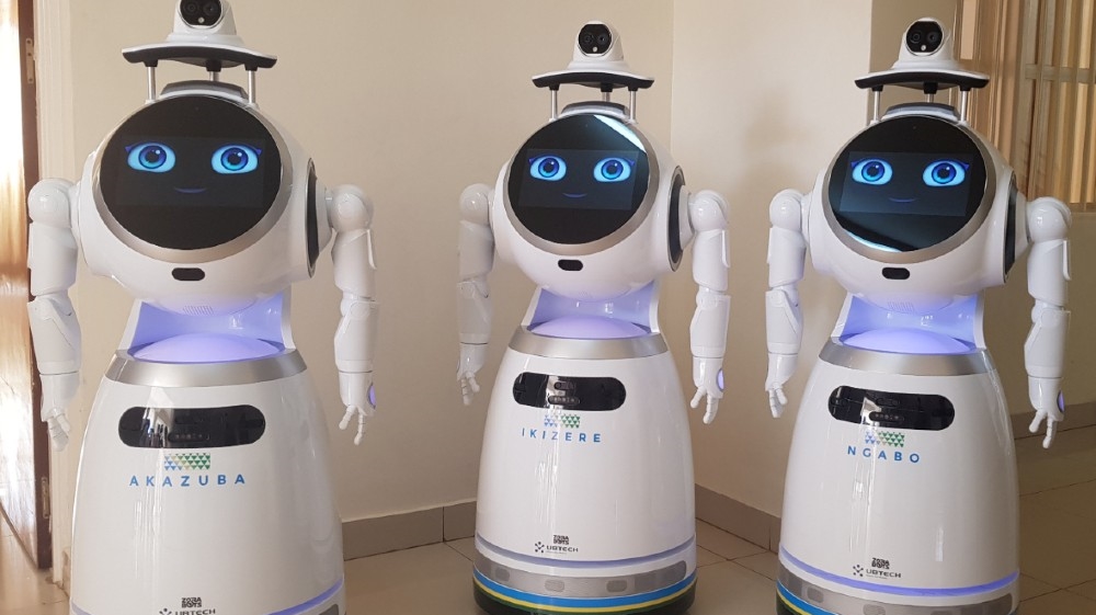 High-tech robots developed by Zora Bots, a Belgium-based company, and donated by the United Nations Development Program (UNDP) are seen during a demonstration at the Kanyinya