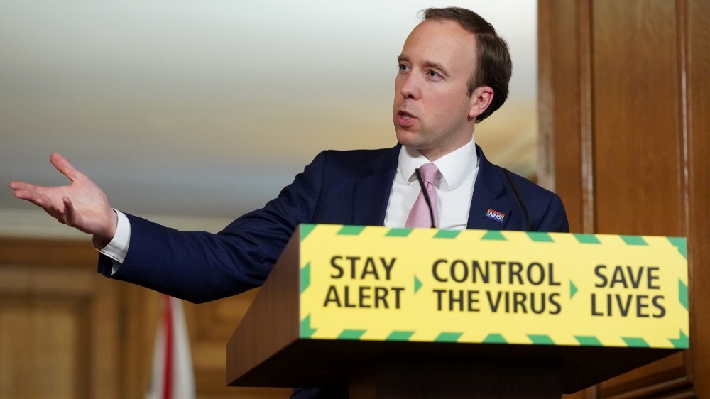 Britain’s Health Secretary Matt Hancock holds the daily coronavirus disease news conference at Downing Street [Reuters]
