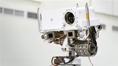 The head of the Mars rover Perseverance’s remote sensing mast, which contains the SuperCam instrument