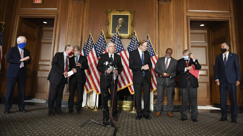 Senate Majority Leader Mitch McConnell of Ky., during a news conference on on Capitol Hill in Washington, Monday, July 27, 2020, to highlight their proposal for the next coronavirus stimulus bill. McC