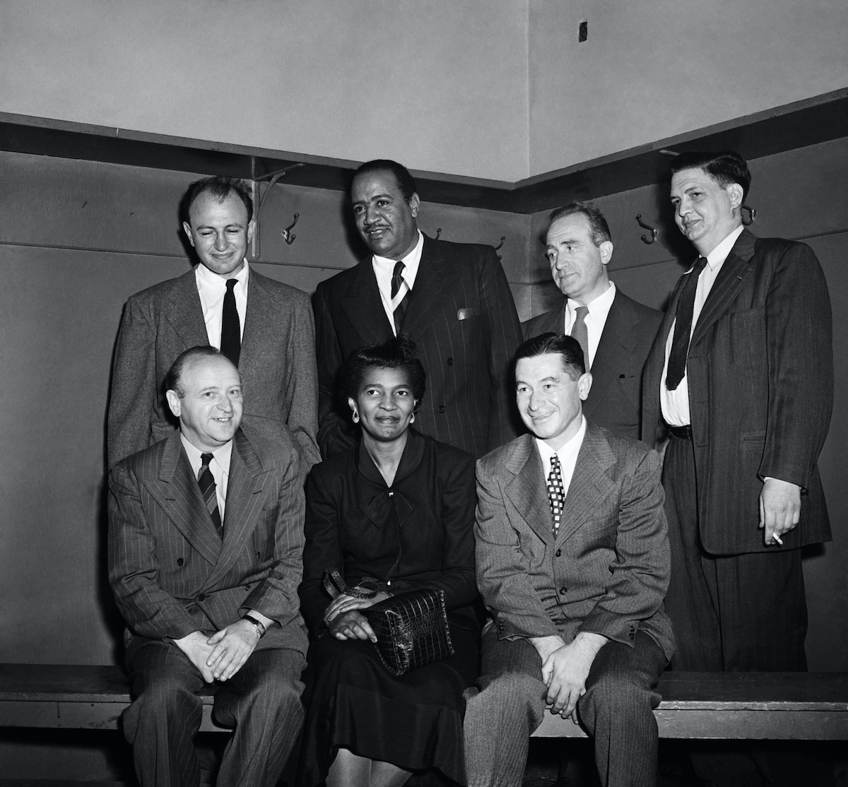 The 30th Anniversary of the Communist Party in the United States was the occasion for a rally protesting against the Peekskill Riots at New York’s Madison Square Garden on September 15, 1949; some of the party members attending were (front, left to right): William Scheiderman, Head of the Communist Party of California; Claudia Jones, Secretary of the Women’s National Committee; William Norman, New York State Secretary of the Party; and in the back, left to right: author Howard Fast; Ben Davis; Irving Potash and Robert Thompson, New York State Chairman of the Party