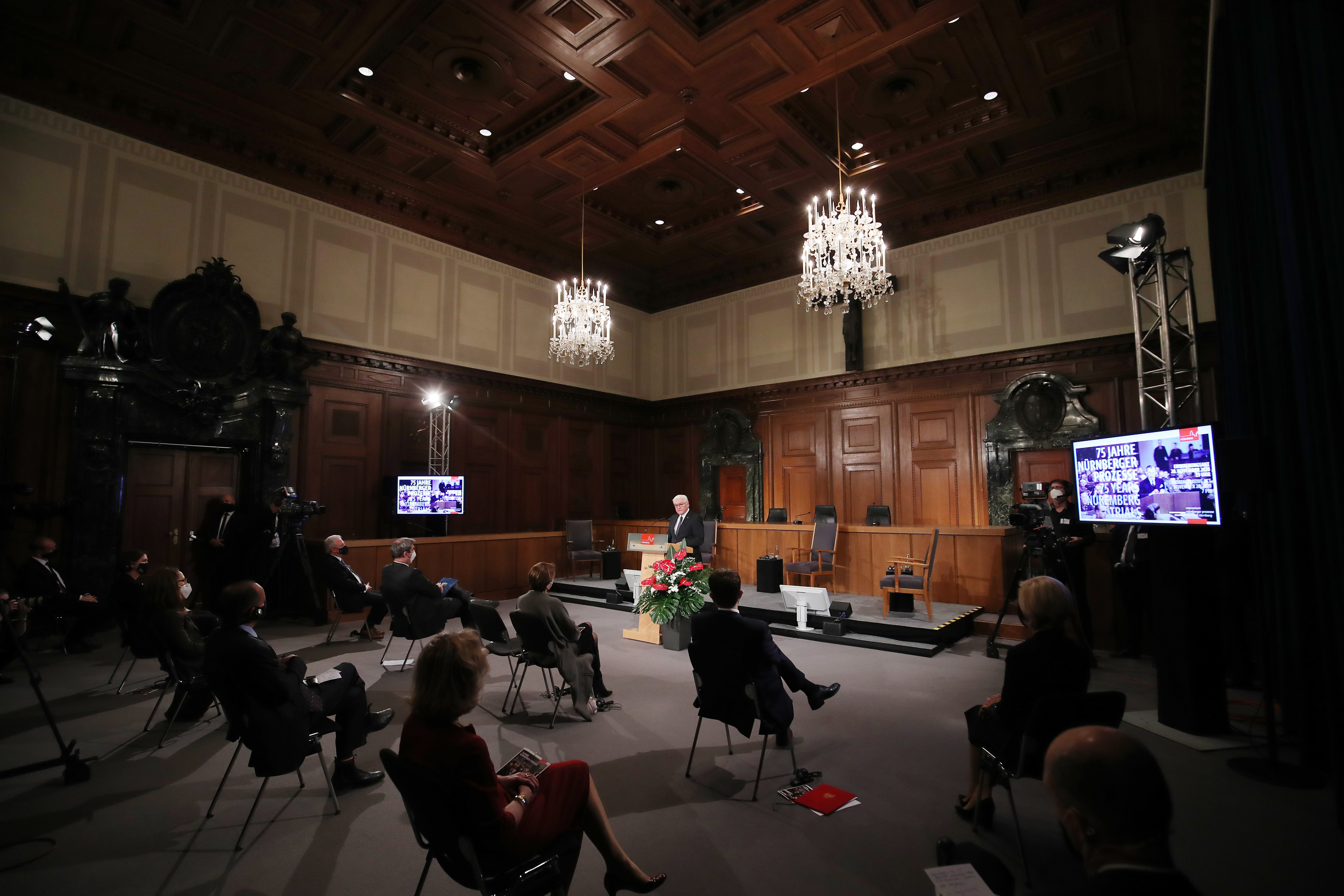 The ceremony marking the 75th anniversary of the start of the Nuremberg war crimes trials was scaled down because of coronavirus restrictions