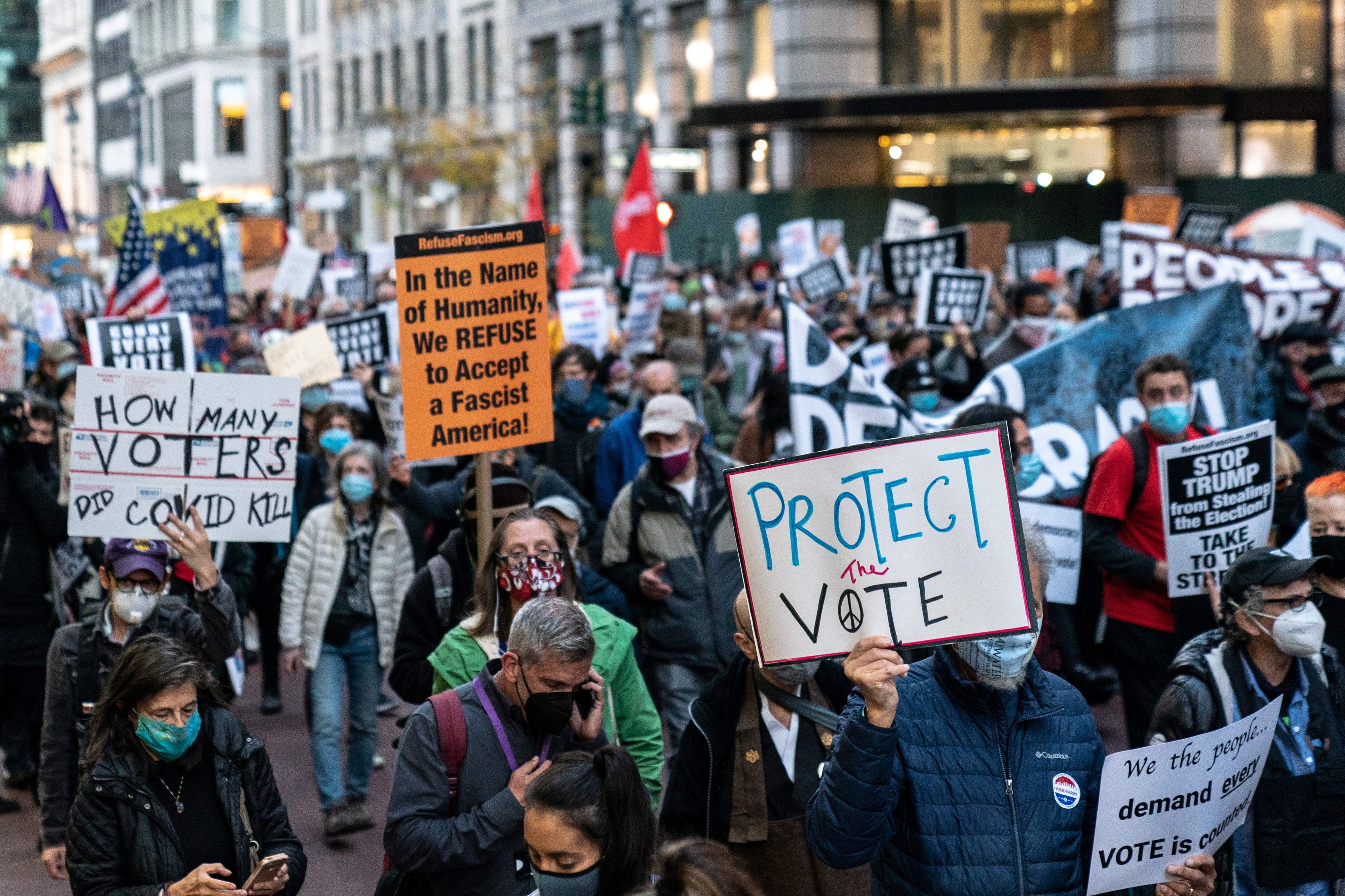 Anti-Trump protesters march in New York City, calling for every vote cast in the US election to be counted