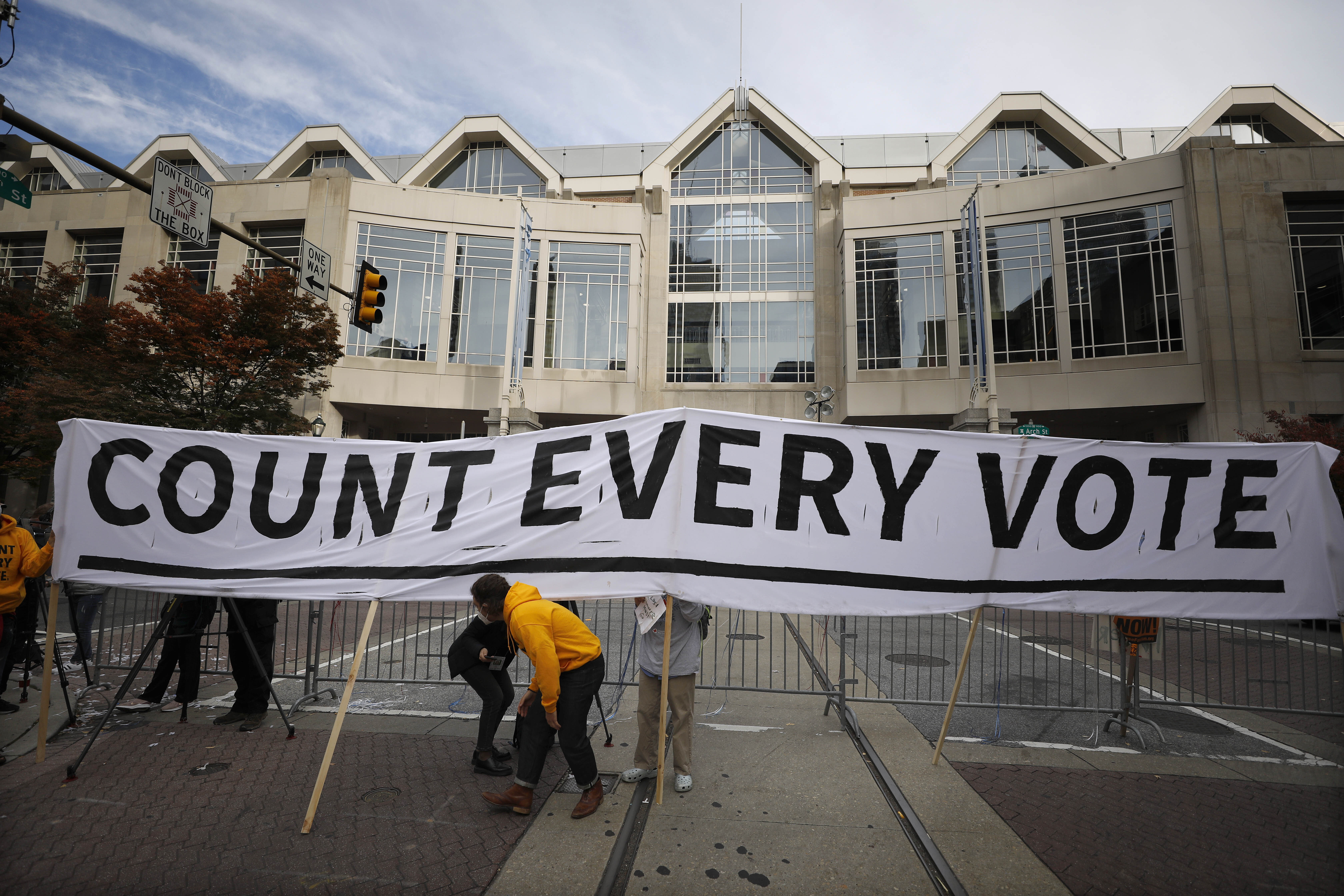 Demonstrators gathering outside the Pennsylvania Convention Center where votes are being counted in Philadelphia