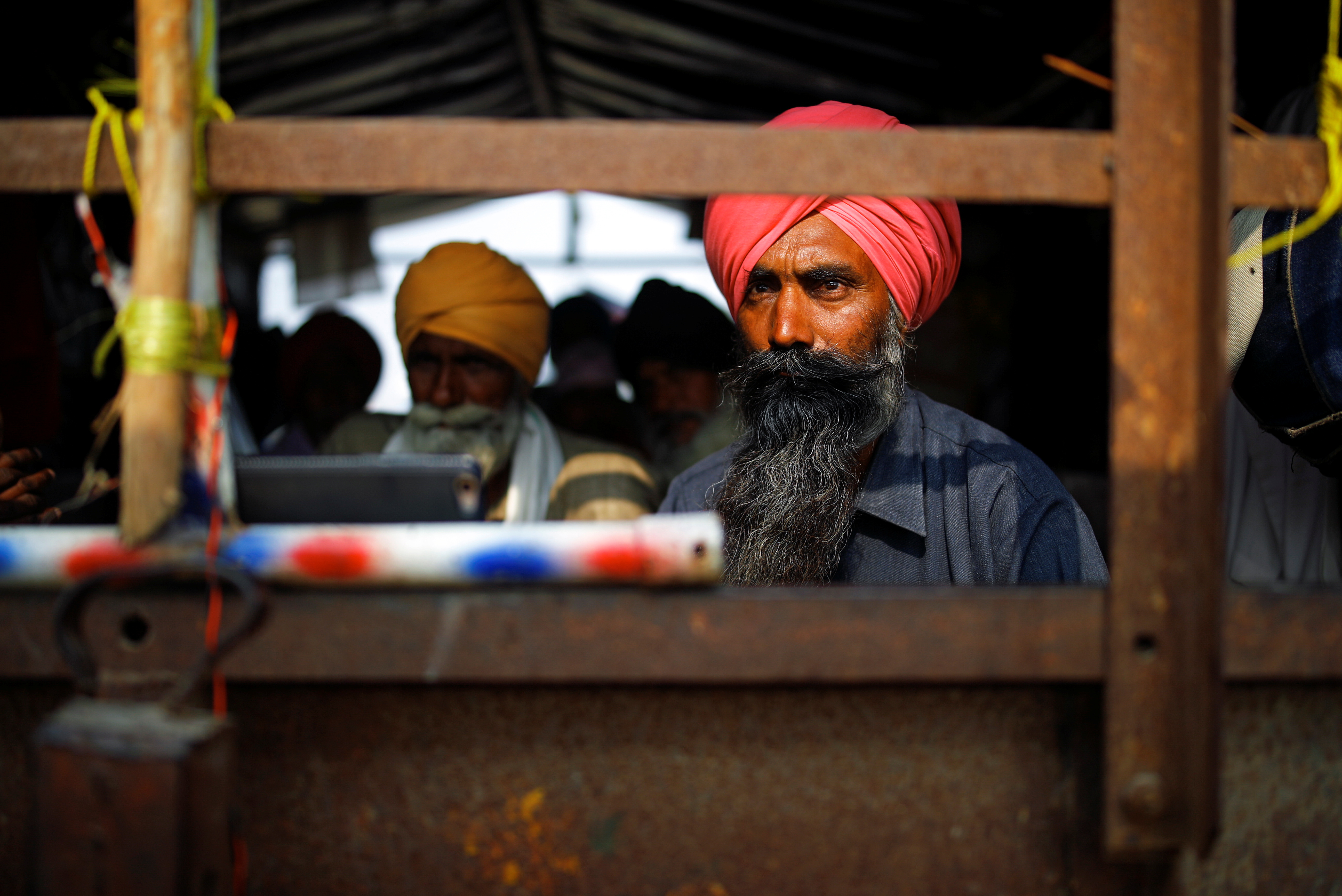 Farmers sitting in a tractor trolley during a protest at Singhu, Delhi, India