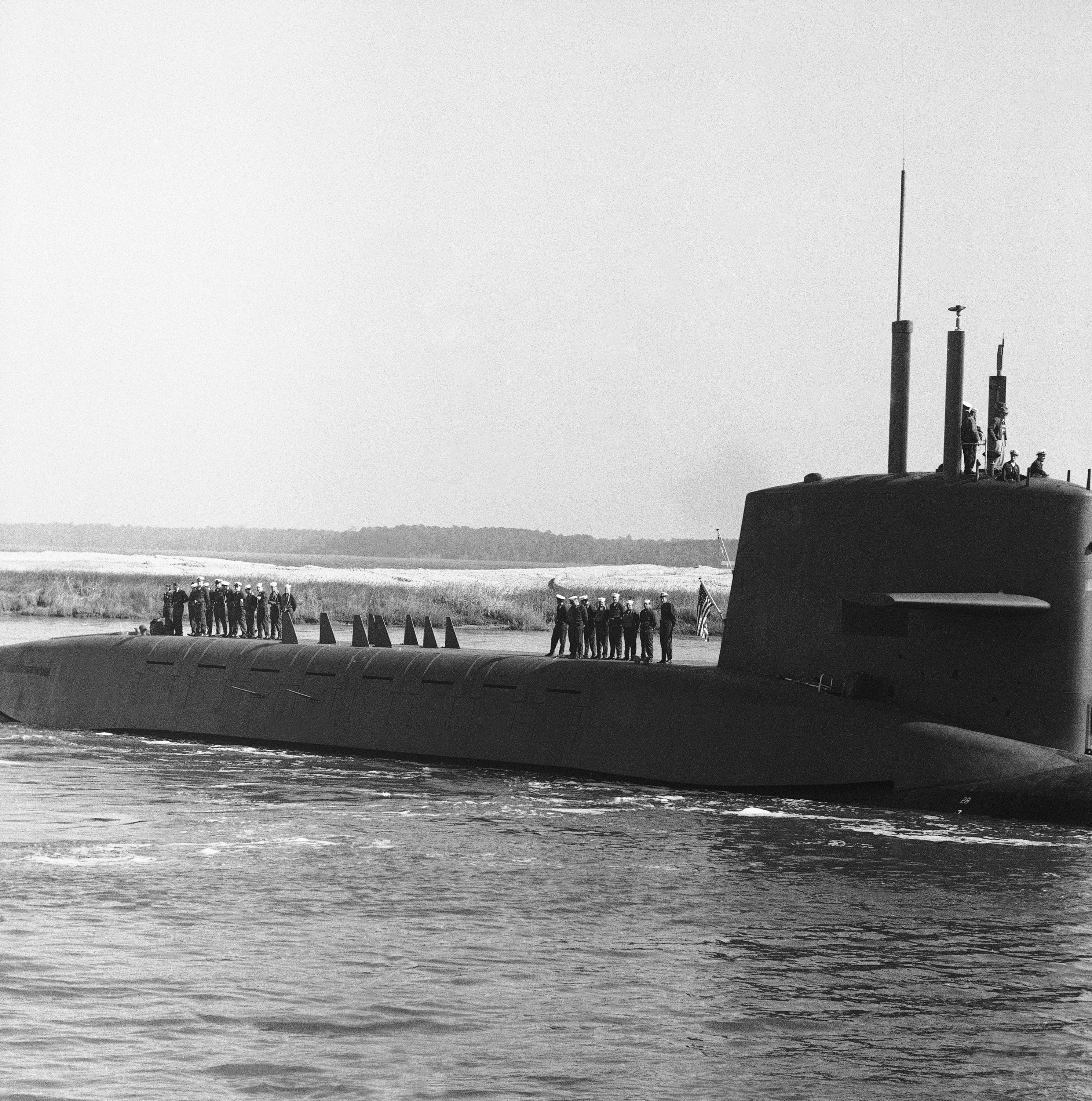 The atomic submarine USS George Washington, loaded with 16 Polaris missiles, sets sail from Charleston Harbor on its maiden voyage somewhere in the Atlantic Ocean near Charleston, South Carolina, in the US on November 15, 1960. It was the world’s first nuclear-powered ballistic missile submarine
