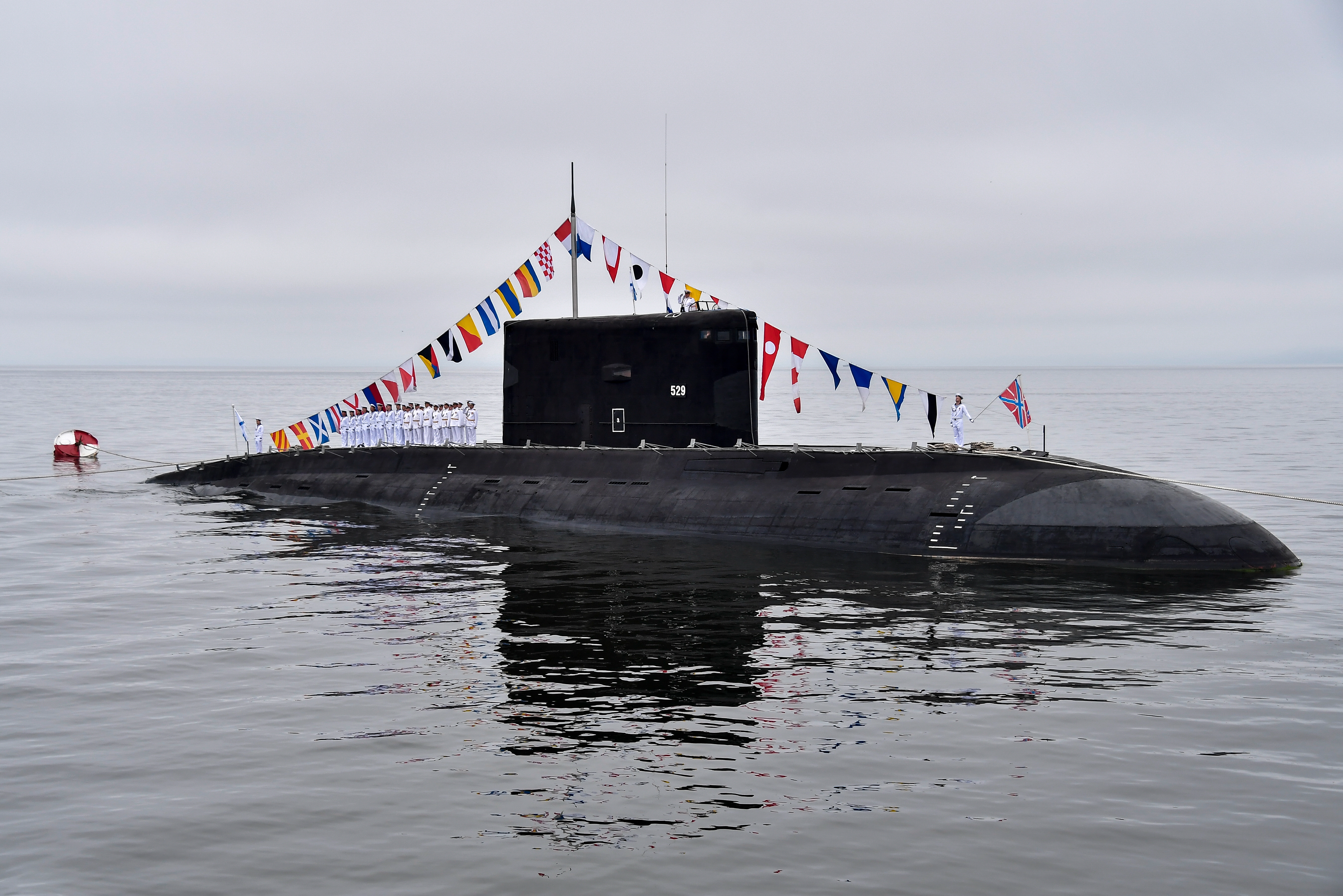 The Komsomolsk-on-Amur, a Project 877 Paltus diesel-electric submarine, takes part in a naval parade marking Russian Navy Day in Vladivostok, Russia on July 26, 2018 [Yuri SmityukTASS via Getty Images]