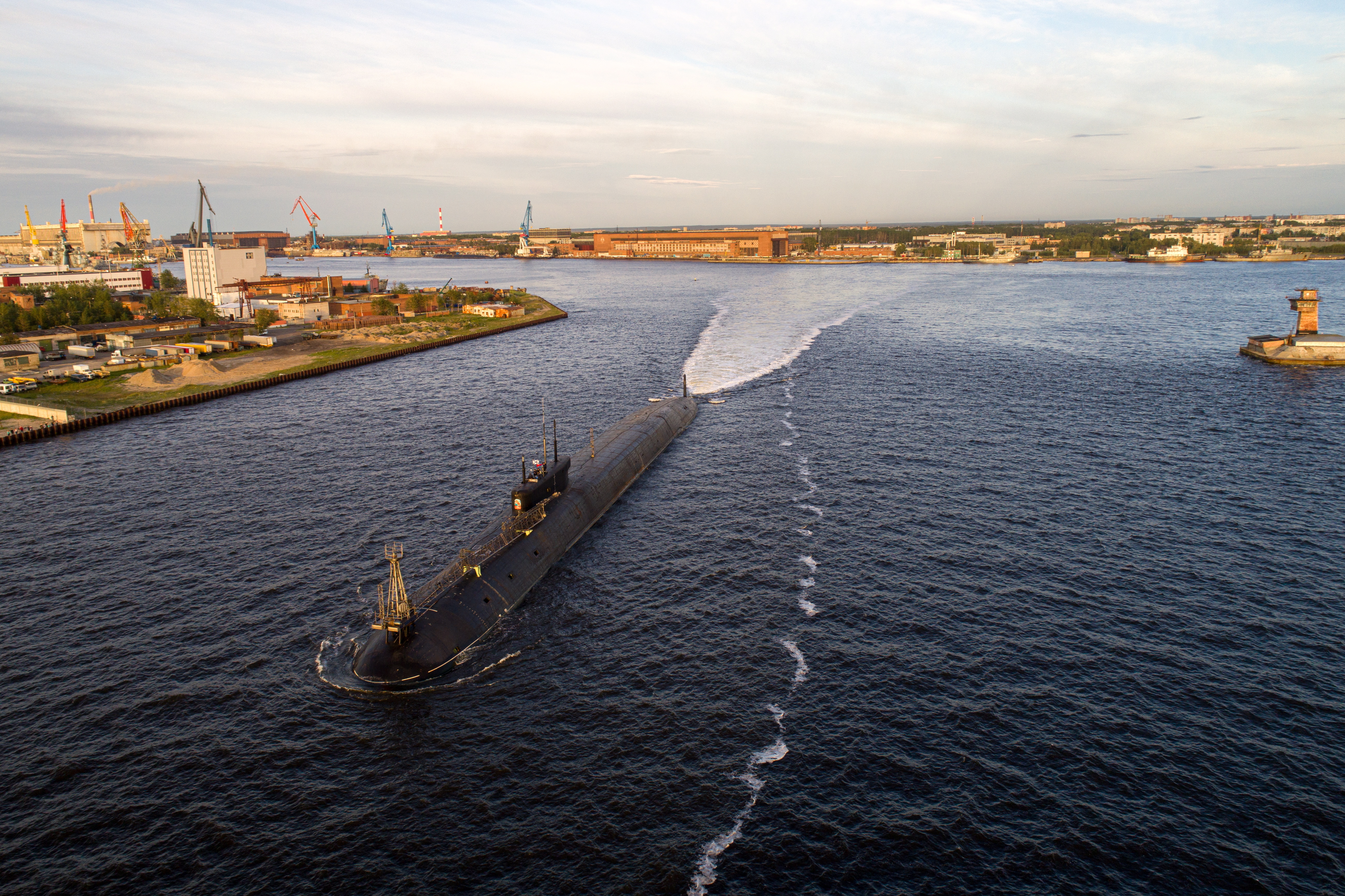 An aerial view of the K-549 Knyaz Vladimir Borei-class nuclear-powered ballistic missile submarine at the Sevmash shipbuilding enterprise, a subsidiary of the United Shipbuilding Corporation, in the city of Severodvinsk, Russia