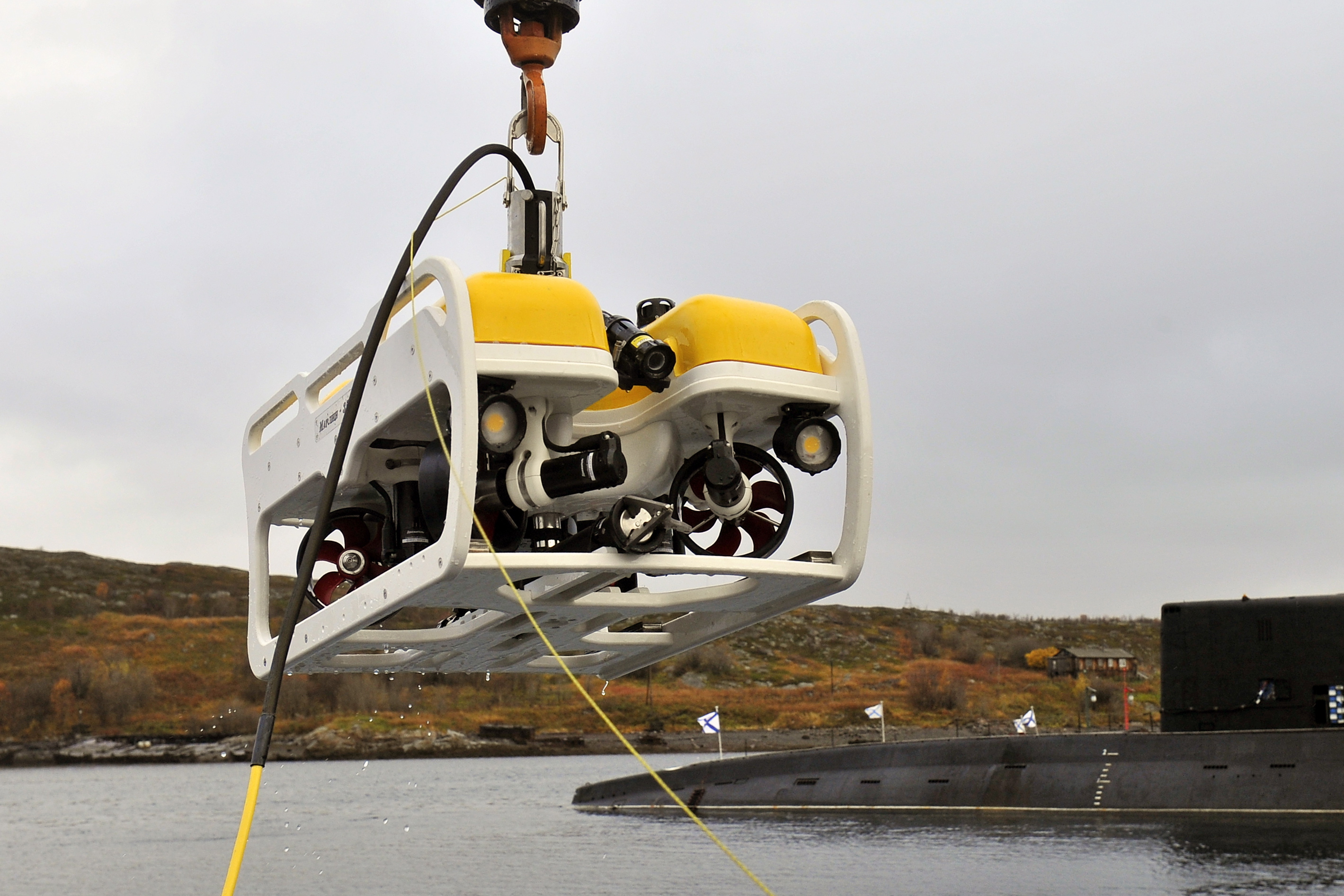 A Marlin-350 unmanned remotely operated underwater vehicle during an anti-sabotage military drill held by a special unit of the Russian Northern Fleet