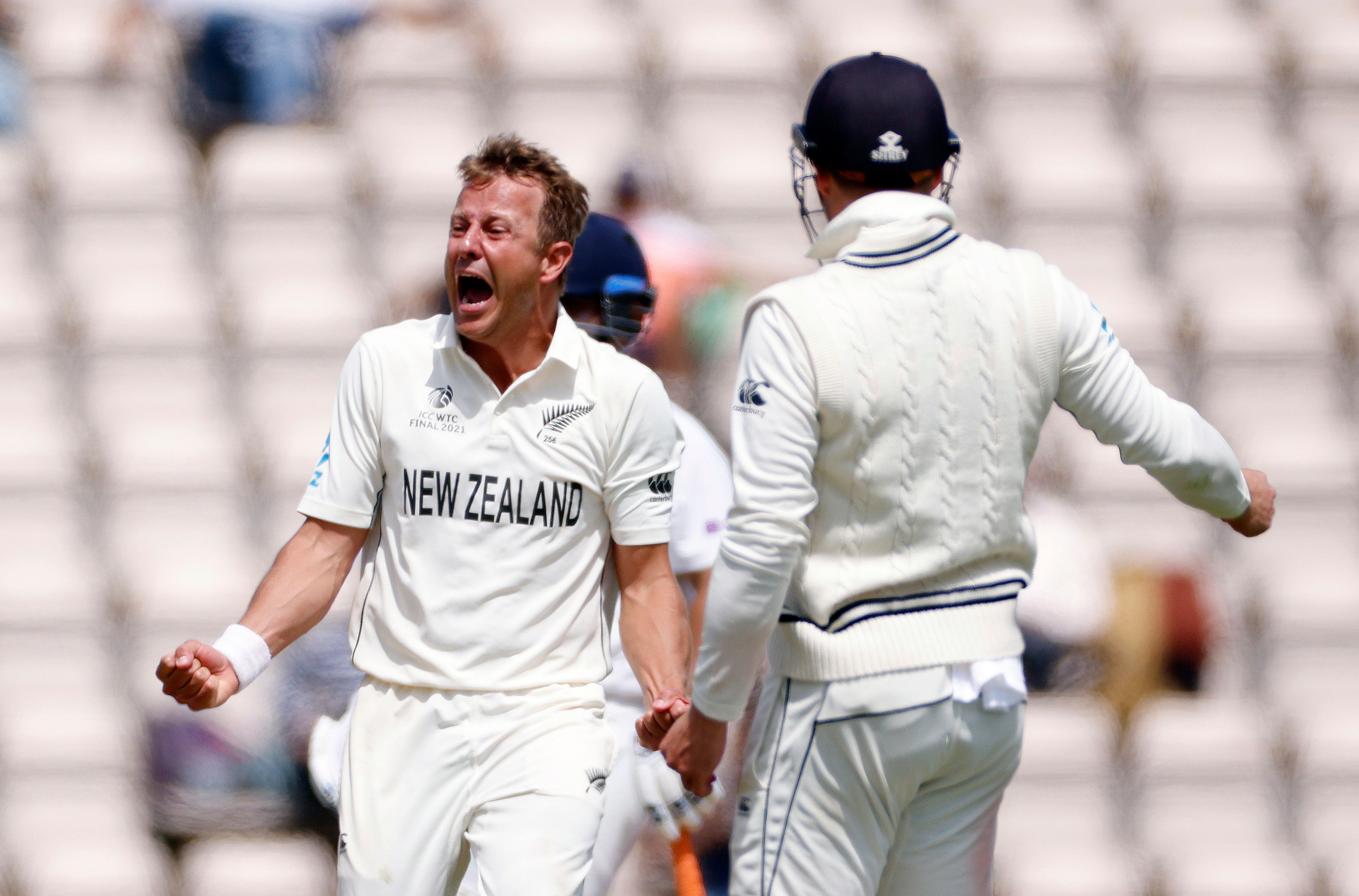 New Zealand’s Neil Wagner celebrates after taking the wicket of India’s Ravindra Jadeja
