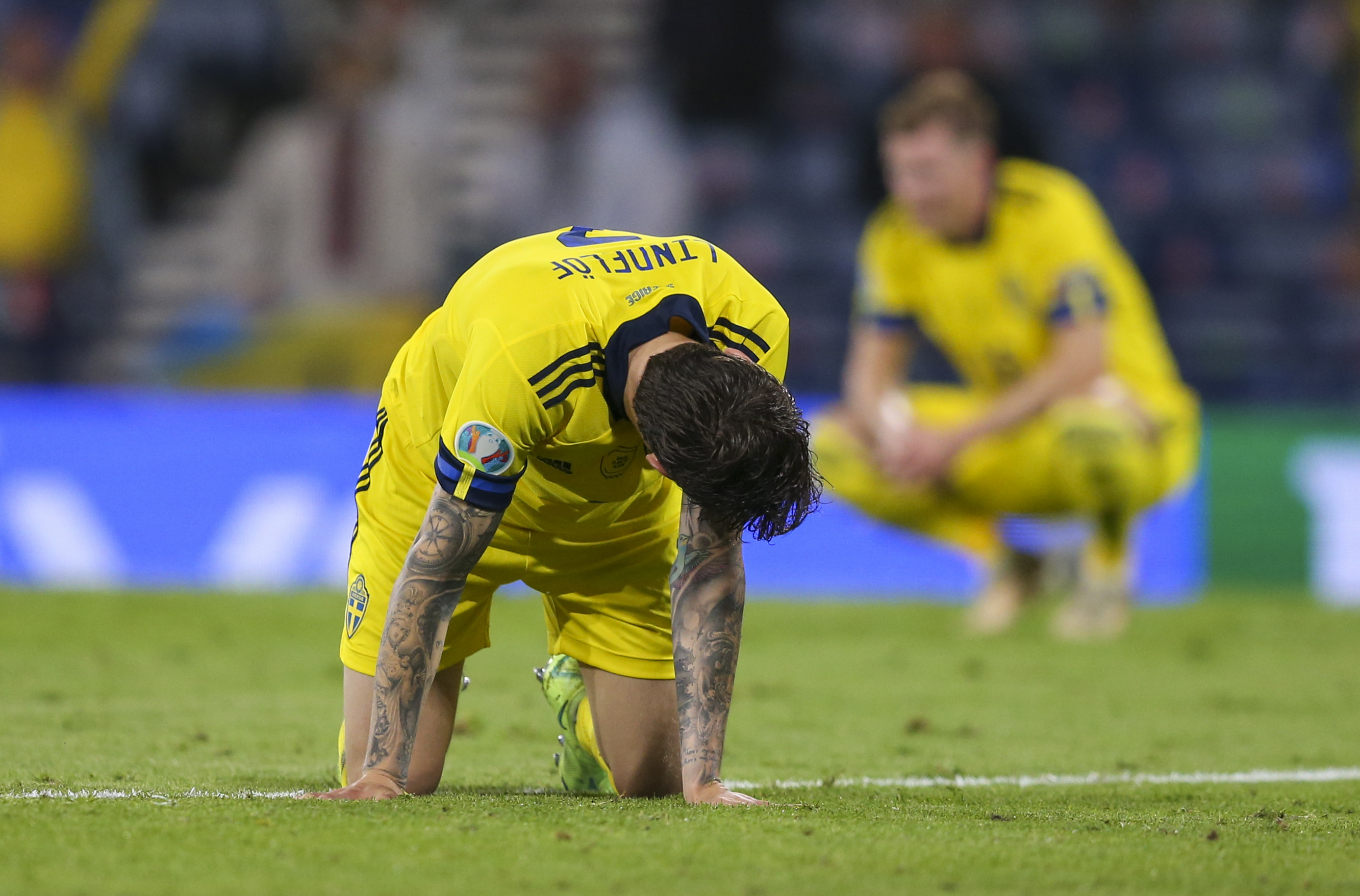Sweden’s Victor Lindelof reacts following his team’s loss to Ukraine in their Euro 2020 football championship round of 16 match at Hampden Park in Glasgow, Scotland
