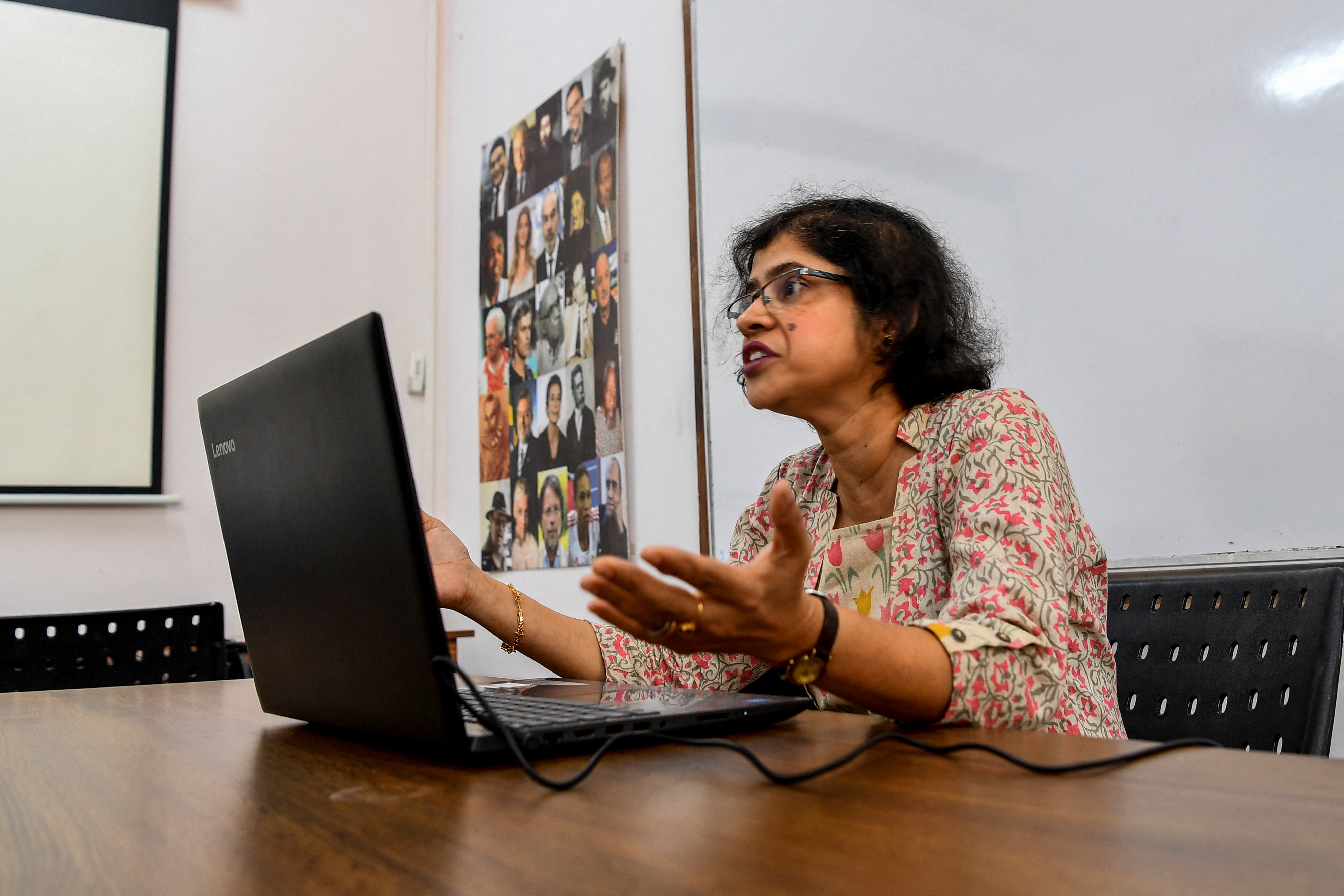 Lorraine Alberto, professor of Portuguese at Goa University, speaks to her students during an online class