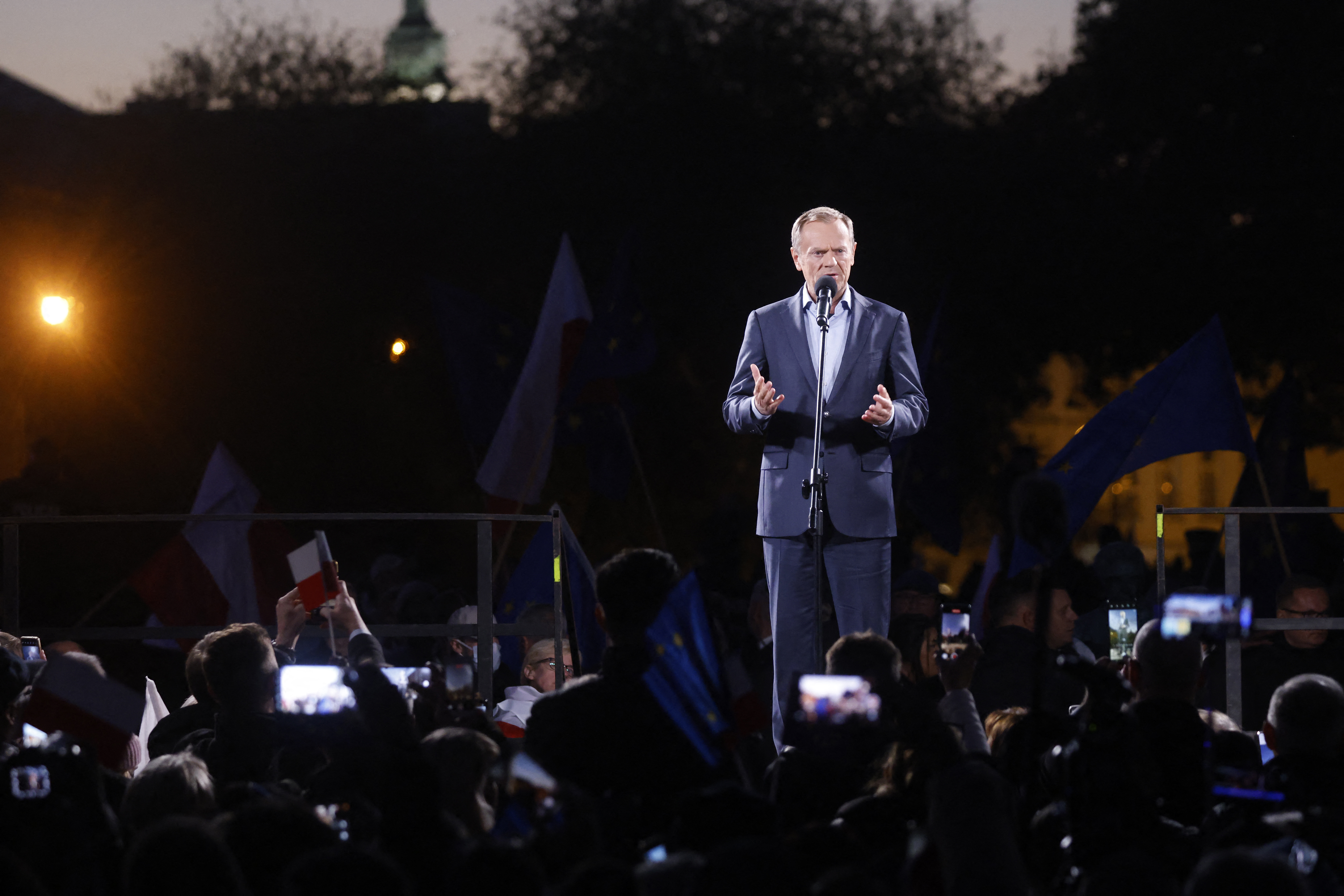 Donald Tusk, leader of the Polish opposition party Civic Platform, addressed pro-EU demonstrators in Warsaw