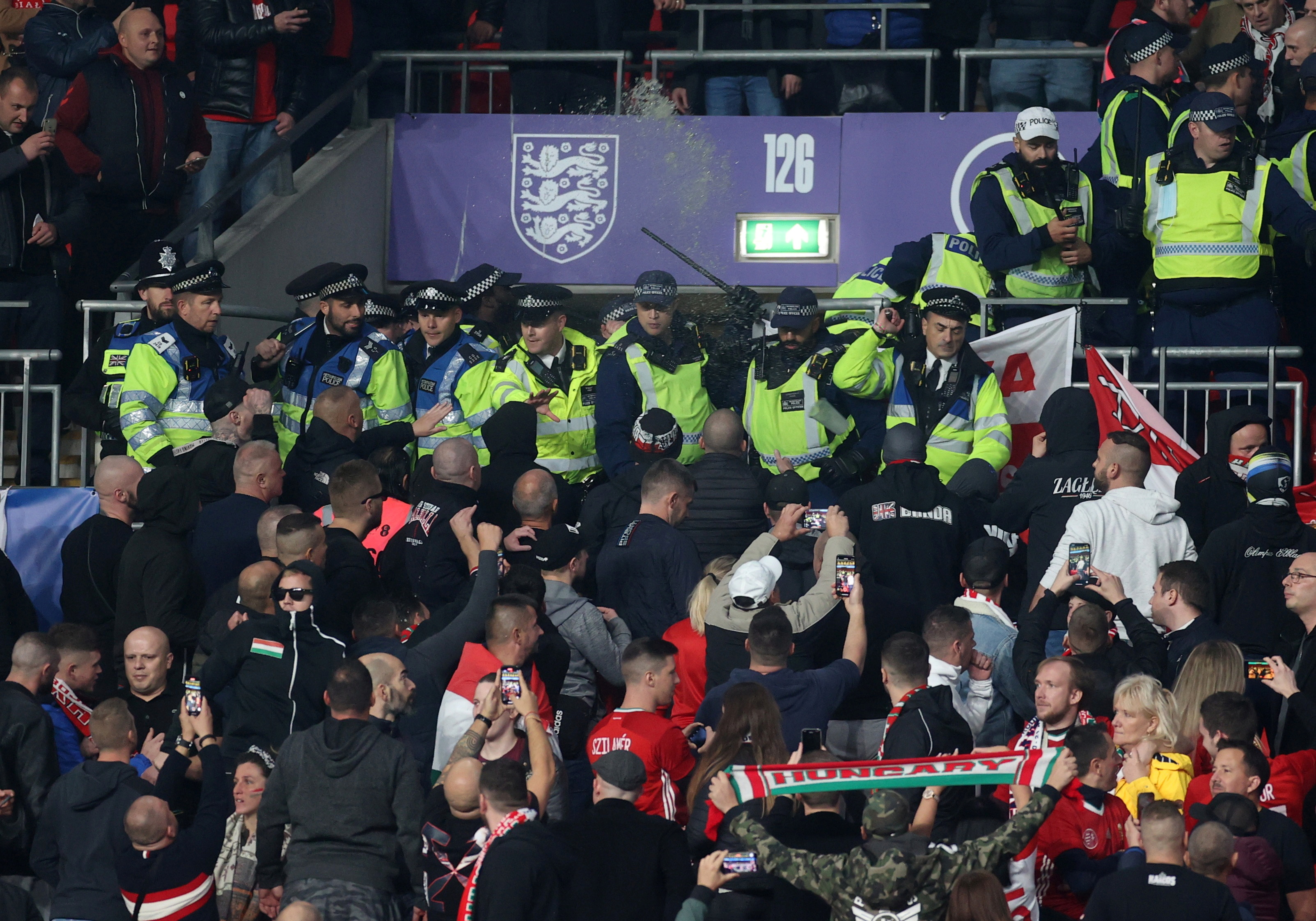 General view as police clash with Hungary fans during the match