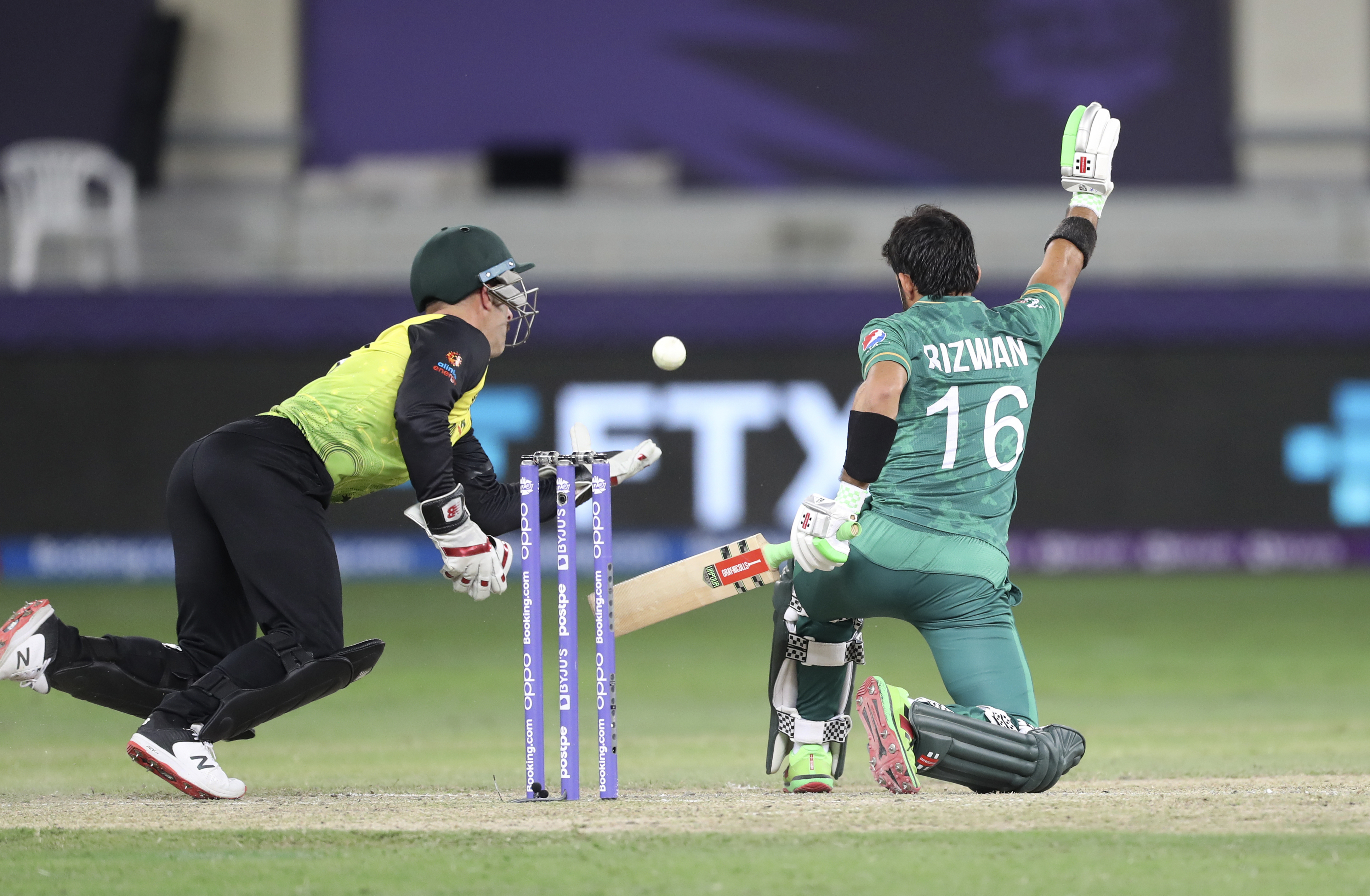 Pakistan’s Mohammad Rizwan bats during the Cricket Twenty20 World Cup semi-final match between Pakistan and Australia in Dubai, UAE, Thursday, Nov. 11, 2021