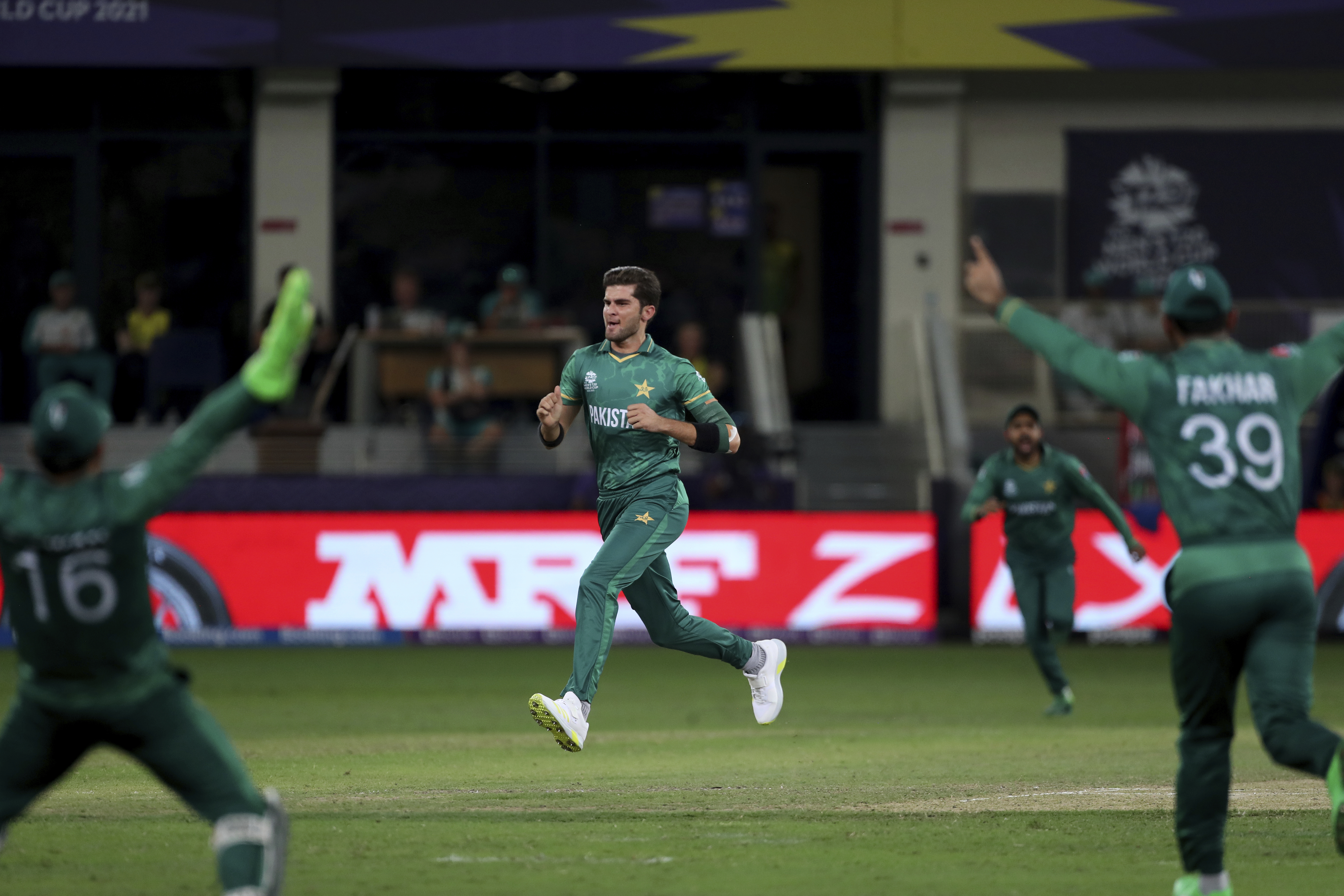 Pakistan’s Shaheen Afridi celebrates the dismissal of Australia’s captain Aaron Finch during the Cricket Twenty20 World Cup semi-final match between Pakistan and Australia in Dubai, UAE, Thursday, November 11, 2021