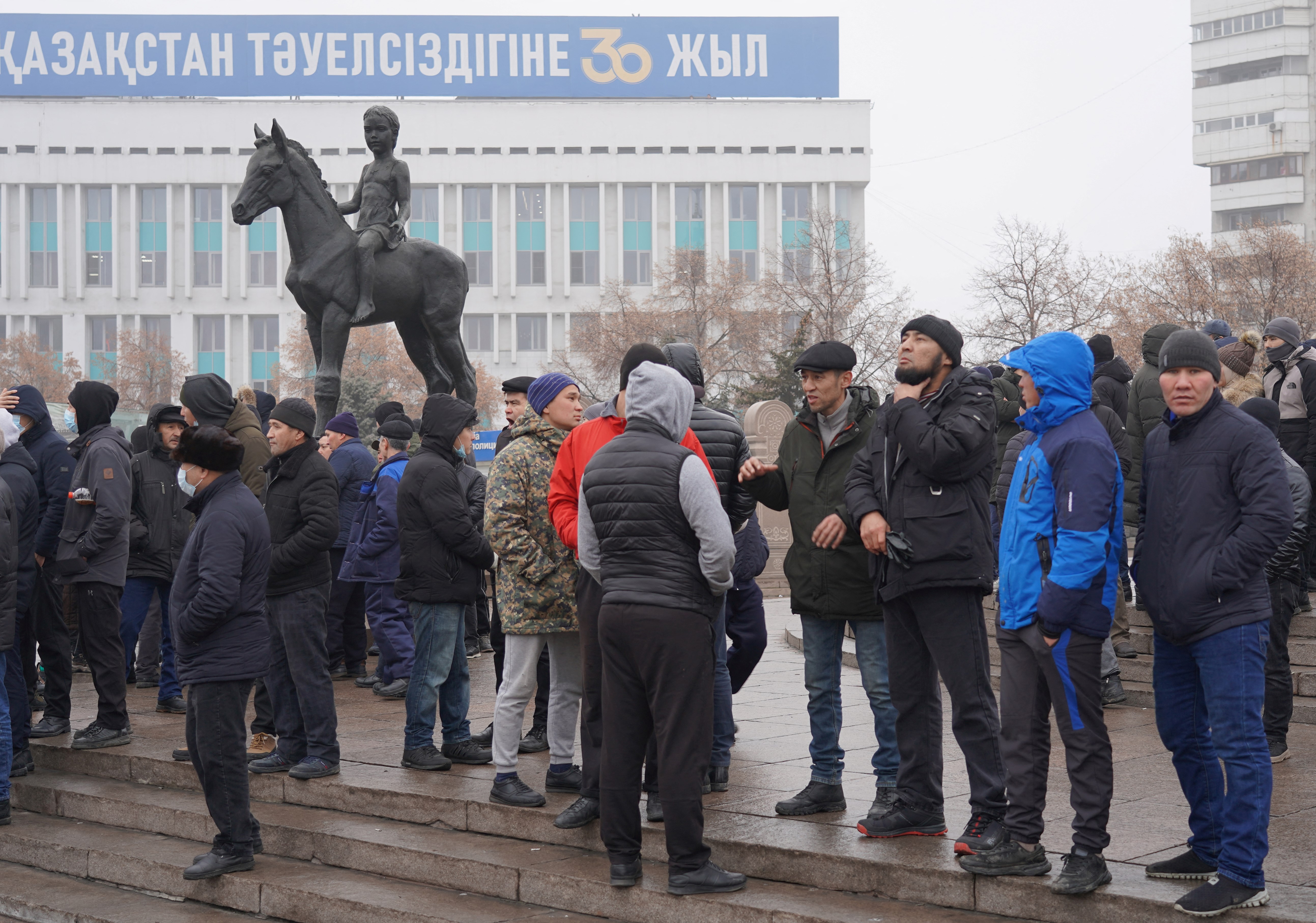 Demonstrators take part in a protest triggered by fuel price increase in Almaty, Kazakhstan