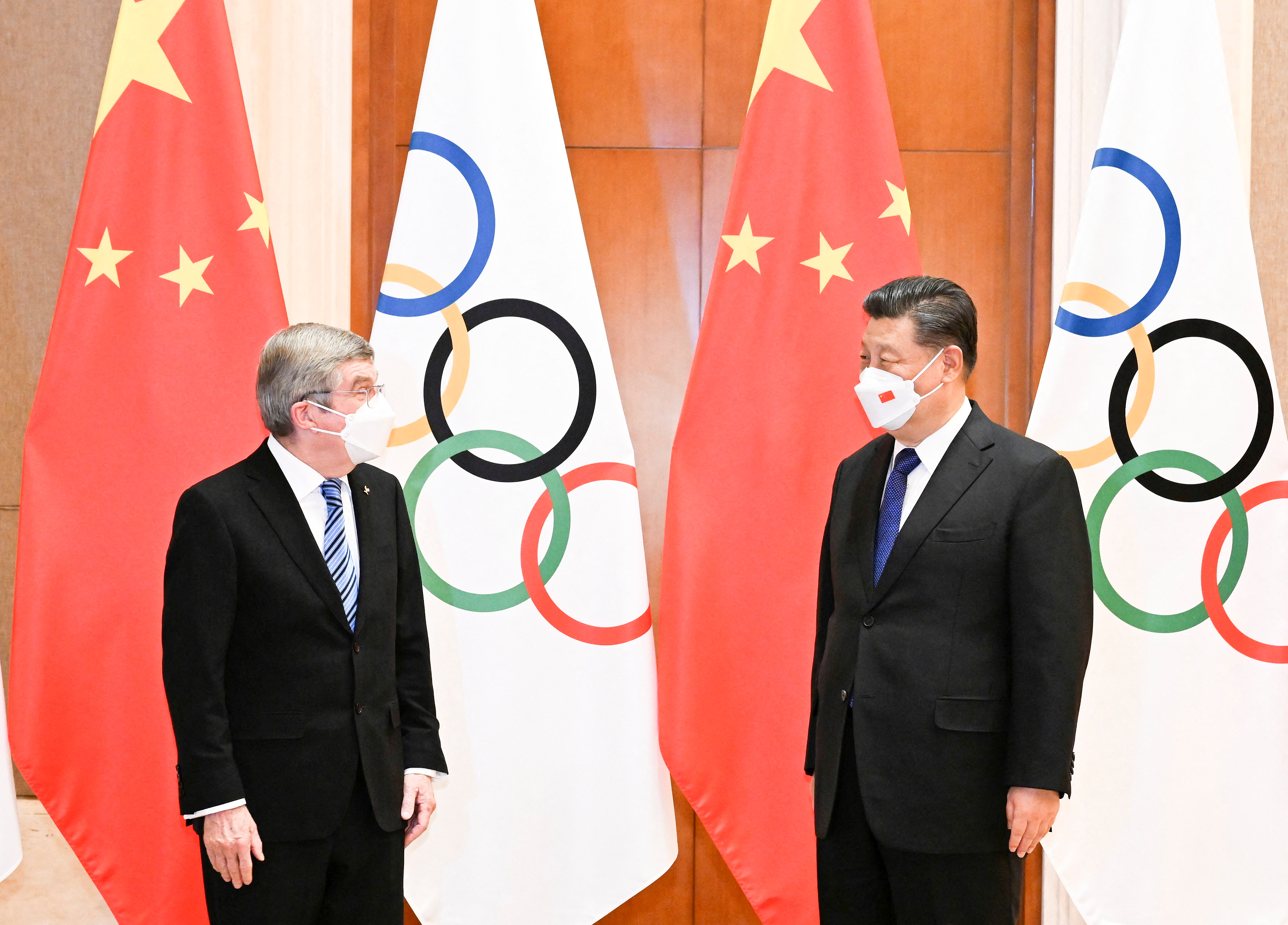 Chinese President Xi Jinping meets with International Olympic Committee (IOC) President Thomas Bach at the Diaoyutai State Guesthouse in Beijing, China January 25, 2022.