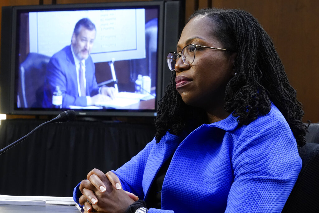 Supreme Court nominee Ketanji Brown Jackson listens as Republican Senator Ted Cruz on March 23