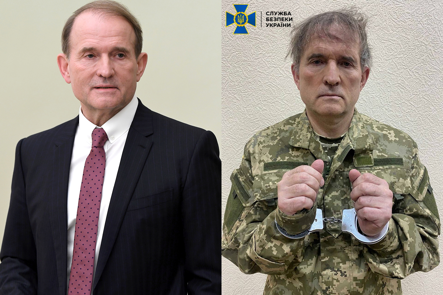 Viktor Medvedchuk, pictured well before the current war on the left and after his capture, on the right [Reuters]