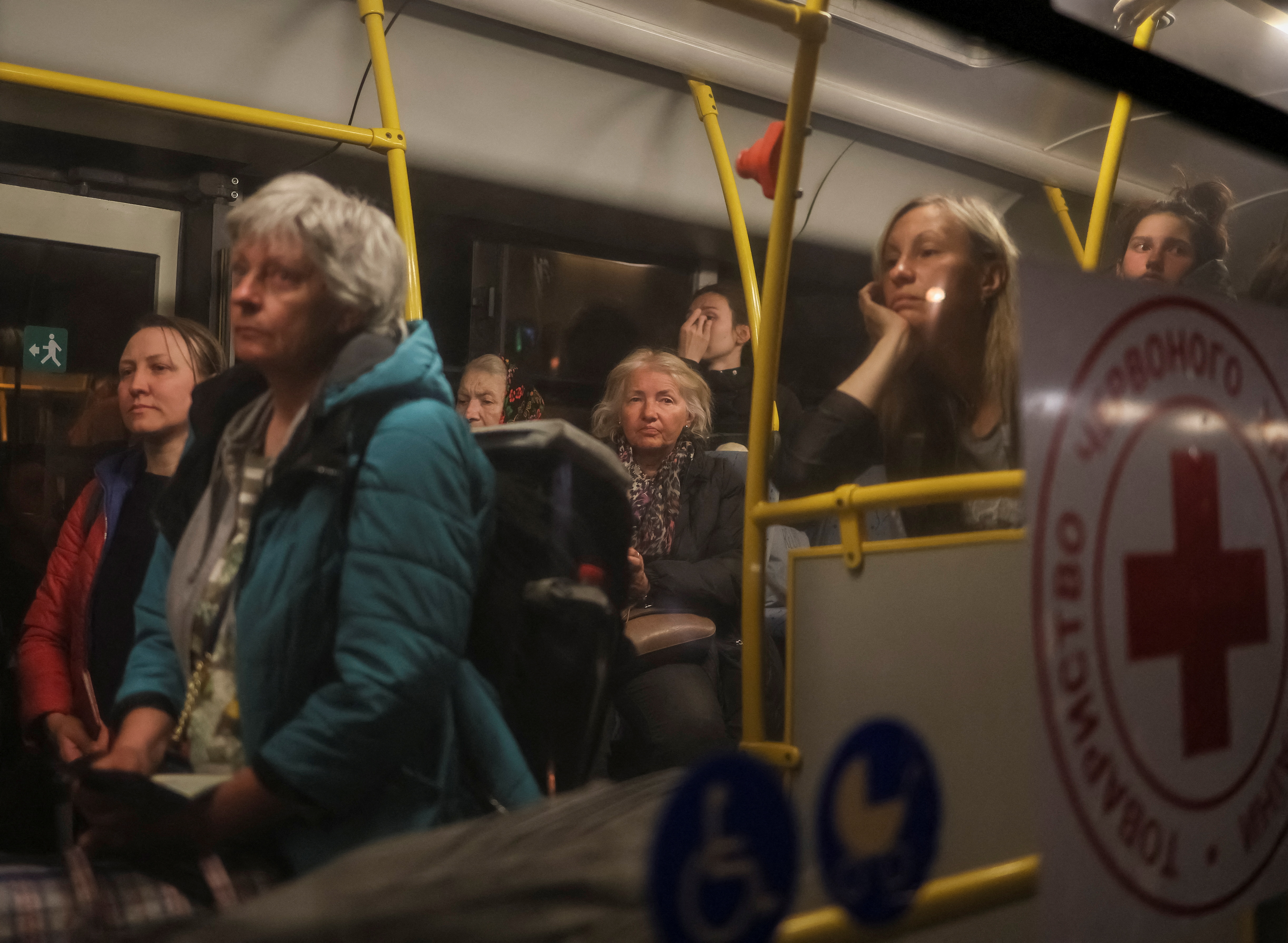 Ukrainian refugees from the Azovstal steel plant in Mariupol are seen in a bus 