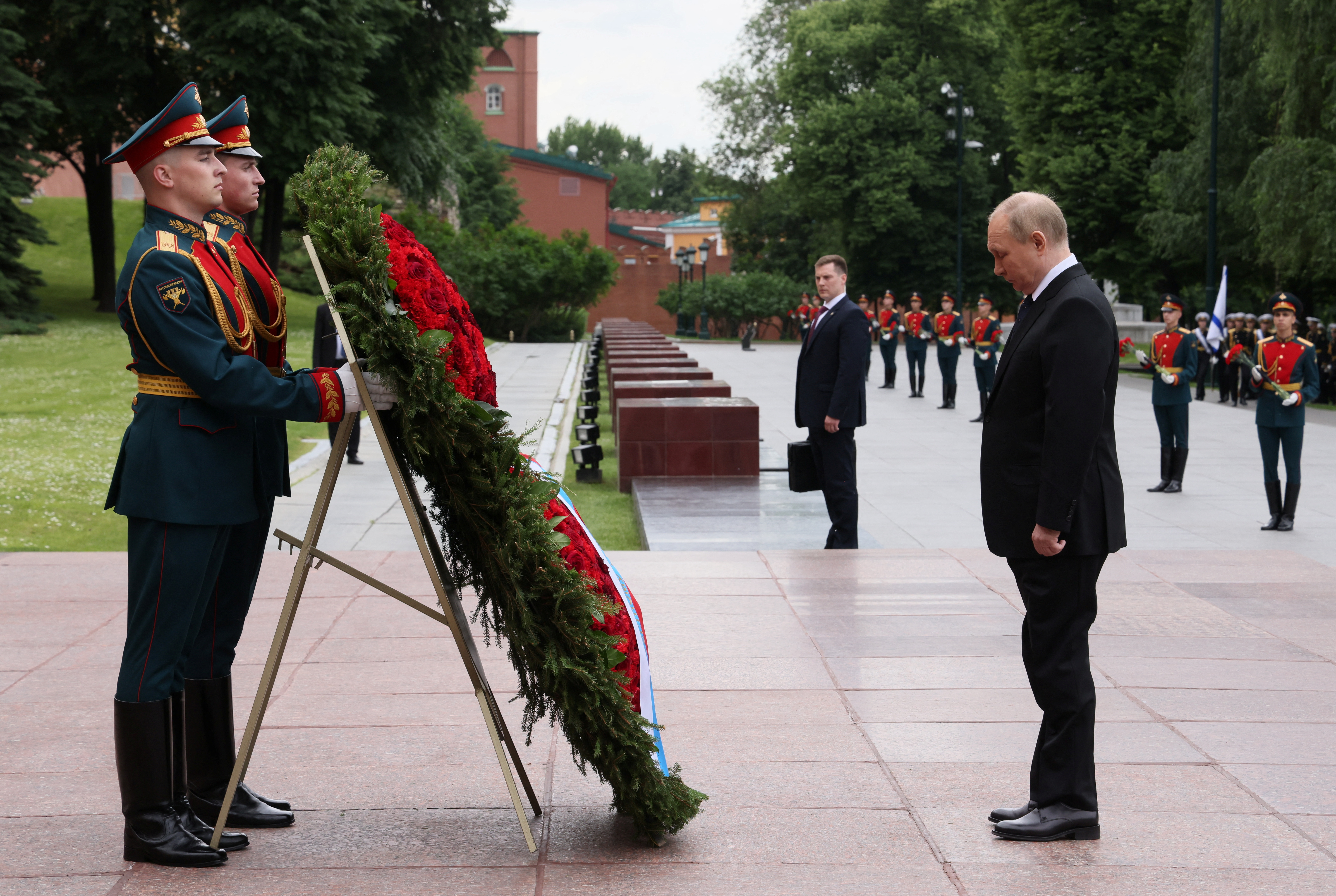 Russian President Putin attends a wreath-laying ceremony, which marks the anniversary of the beginning of the Great Patriotic War against Nazi Germany in 1941, at the Tomb of the Unknown Soldier by the Kremlin wall in Moscow, Russia, June 22, 2022