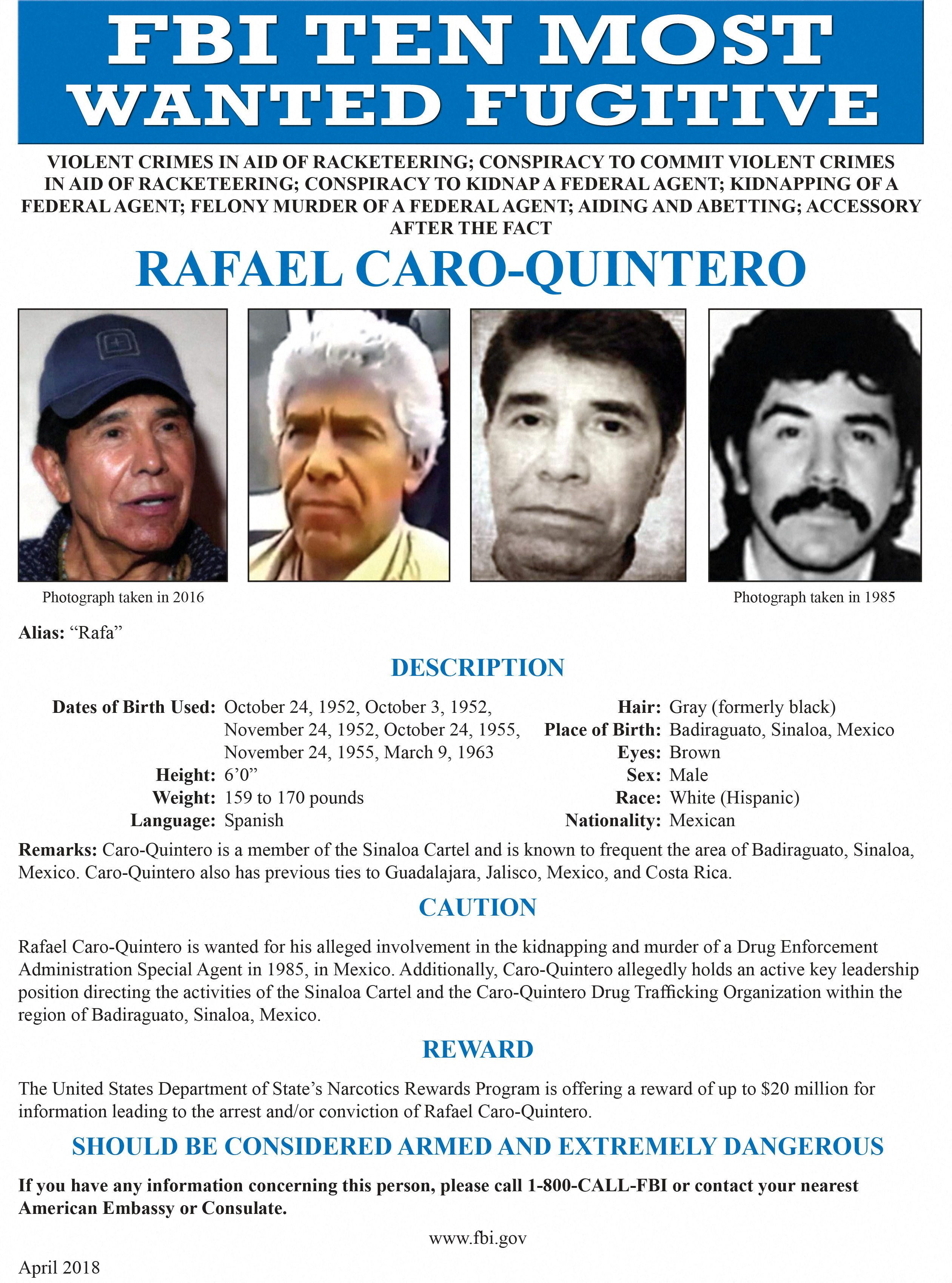 Rafael Caro Quintero was one of the FBI’s most wanted [FBI – Federal Bureau of Investigation via Reuters]
