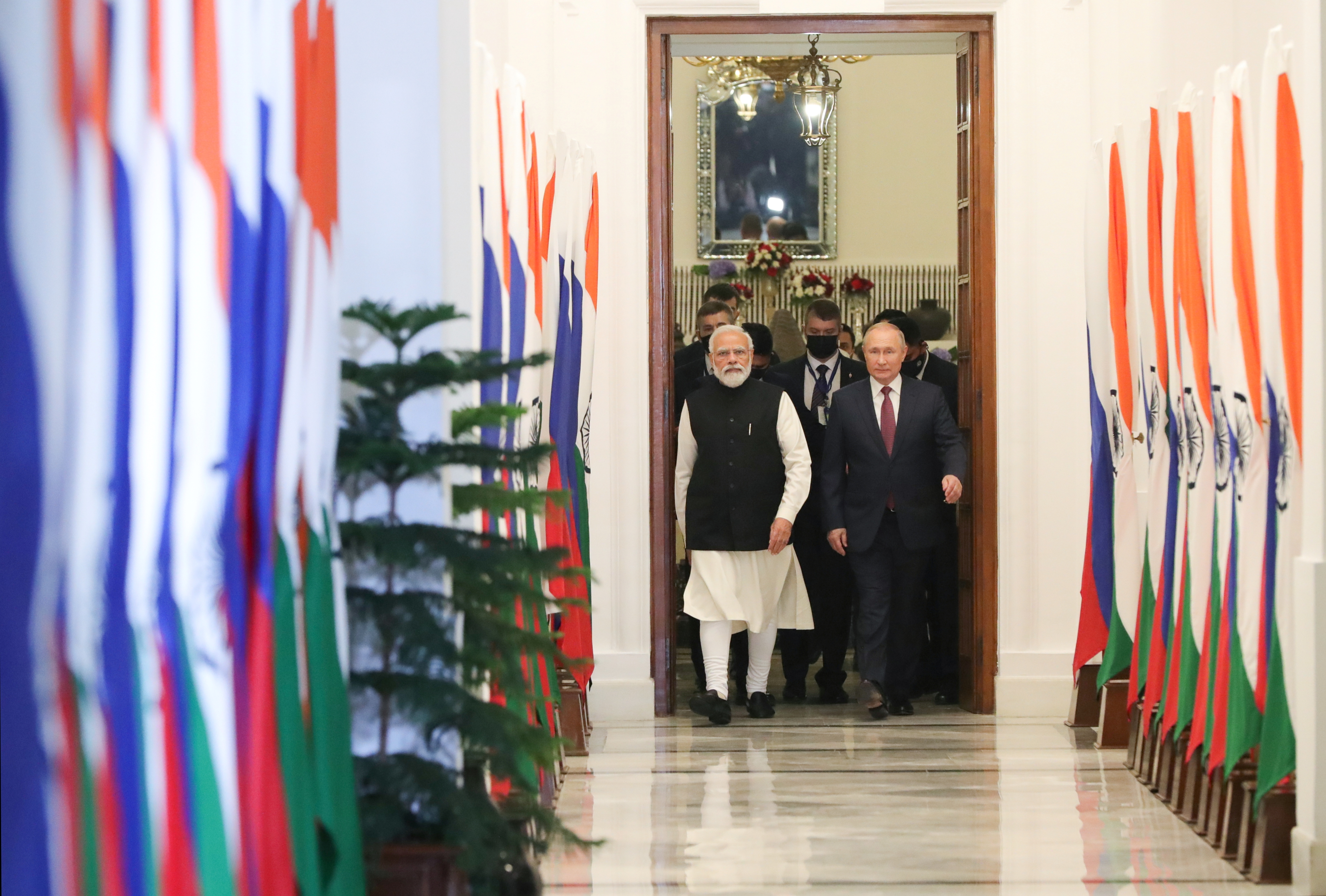 Russia's President Vladimir Putin attends a meeting with India's Prime Minister Narendra Modi in New Delhi, India, December 6, 2021. Sputnik/Mikhail Klimentyev/Kremlin via REUTERS ATTENTION EDITORS - THIS IMAGE WAS PROVIDED BY A THIRD PARTY.