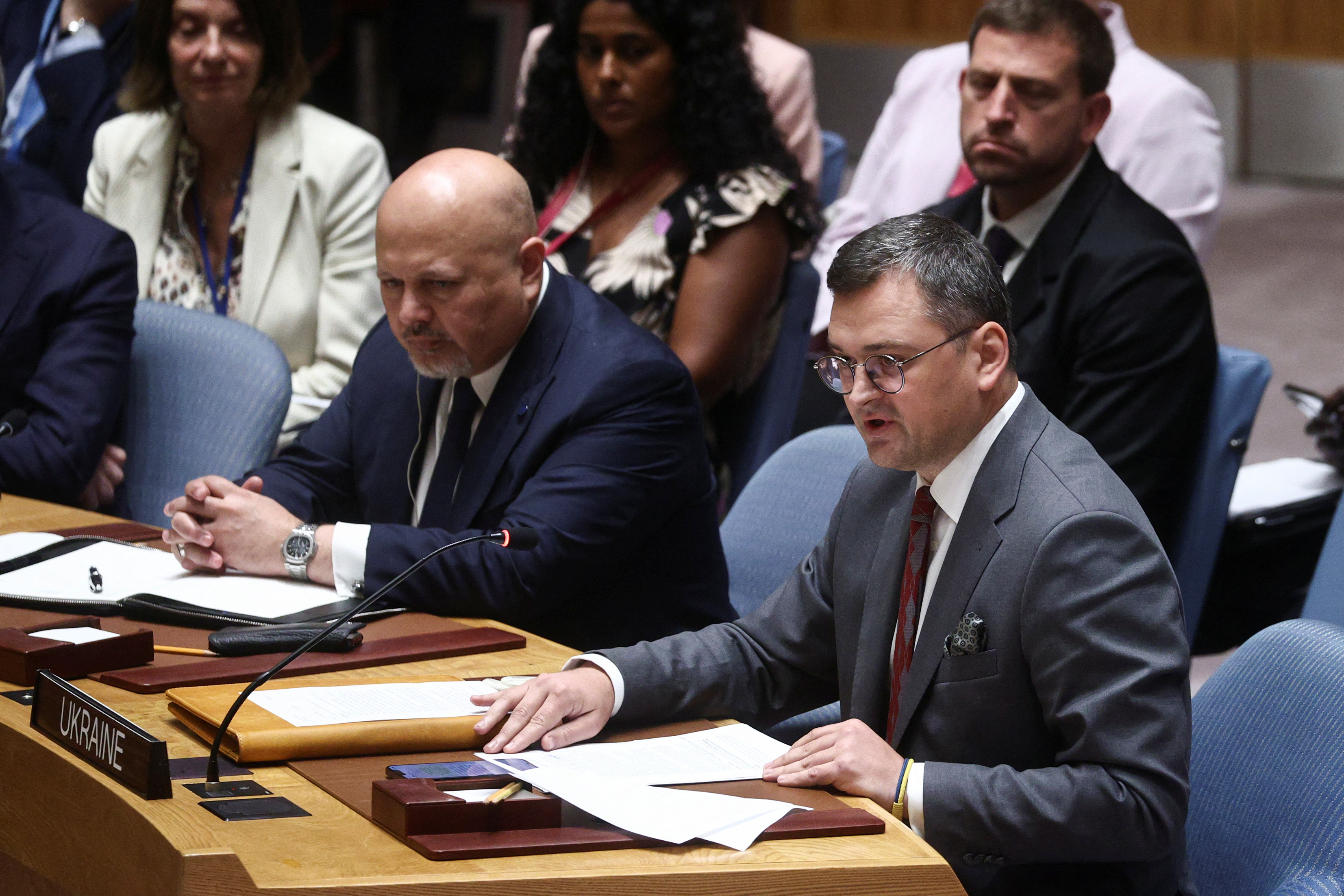 Ukraine's Foreign Minister Dmytro Kuleba speaks during a high level meeting of the United Nations Security Council on the situation amid Russia's invasion of Ukraine, at the 77th Session of the United Nations General Assembly at U.N. Headquarters in New York City, U.S., September 22, 2022. REUTERS/Amr Alfiky