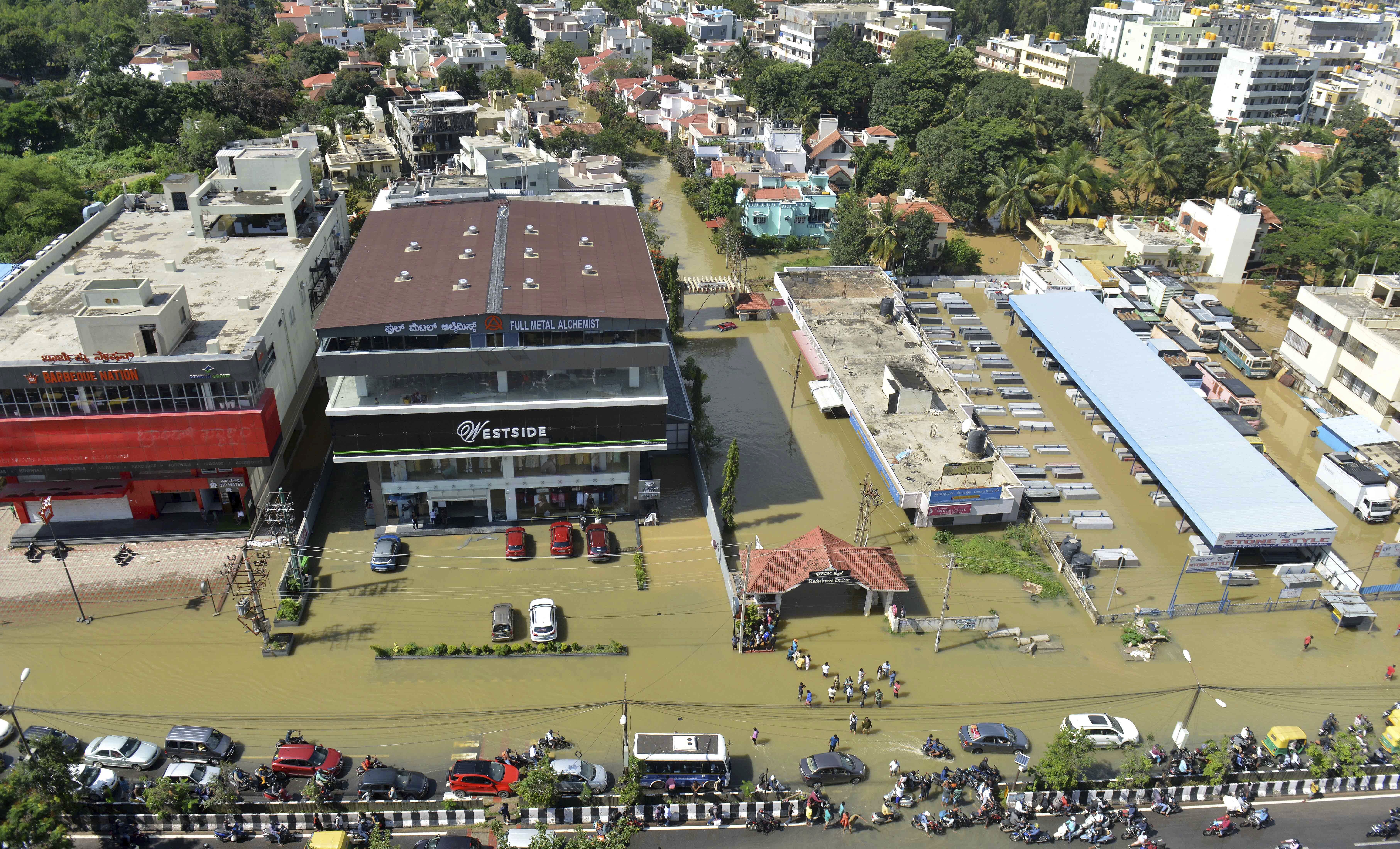 A view of a flooded area after heavy rainfall in Bengaluru