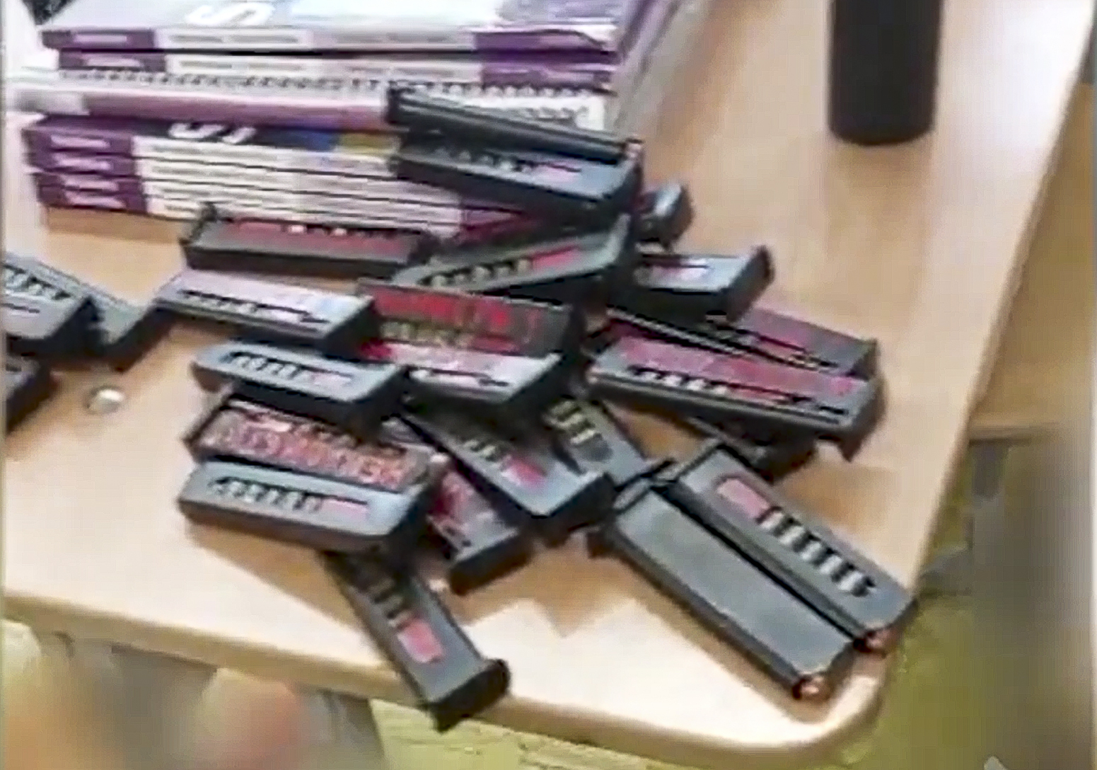 Ammunition are seen on a table at the scene of a shooting at school No. 88 in Izhevsk.