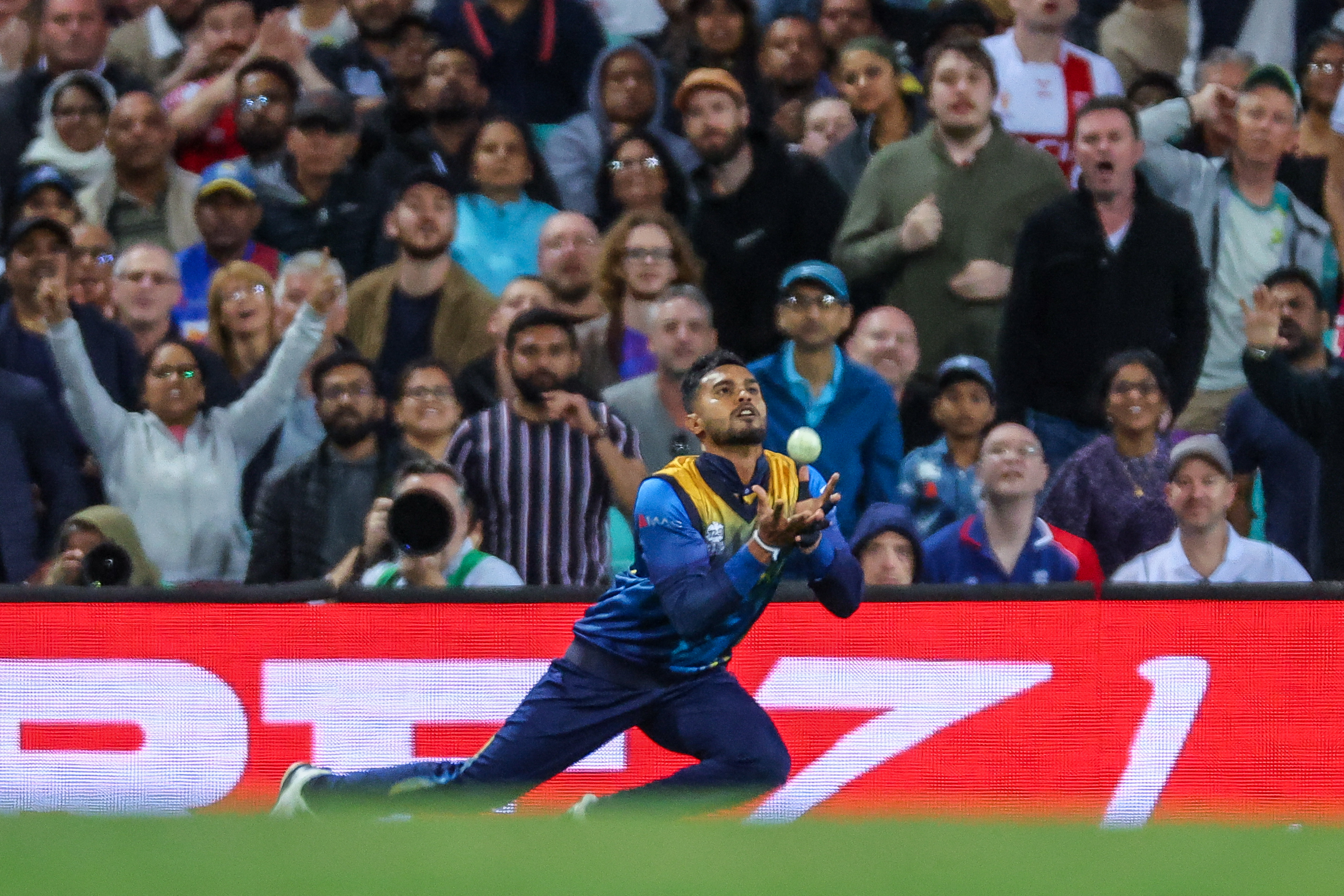 Sri Lanka’s Wanindu Hasaranga de Silva caught England’s Liam Livingstone, but it was not enough to stop England taking the crucial game [David GreyAFP]