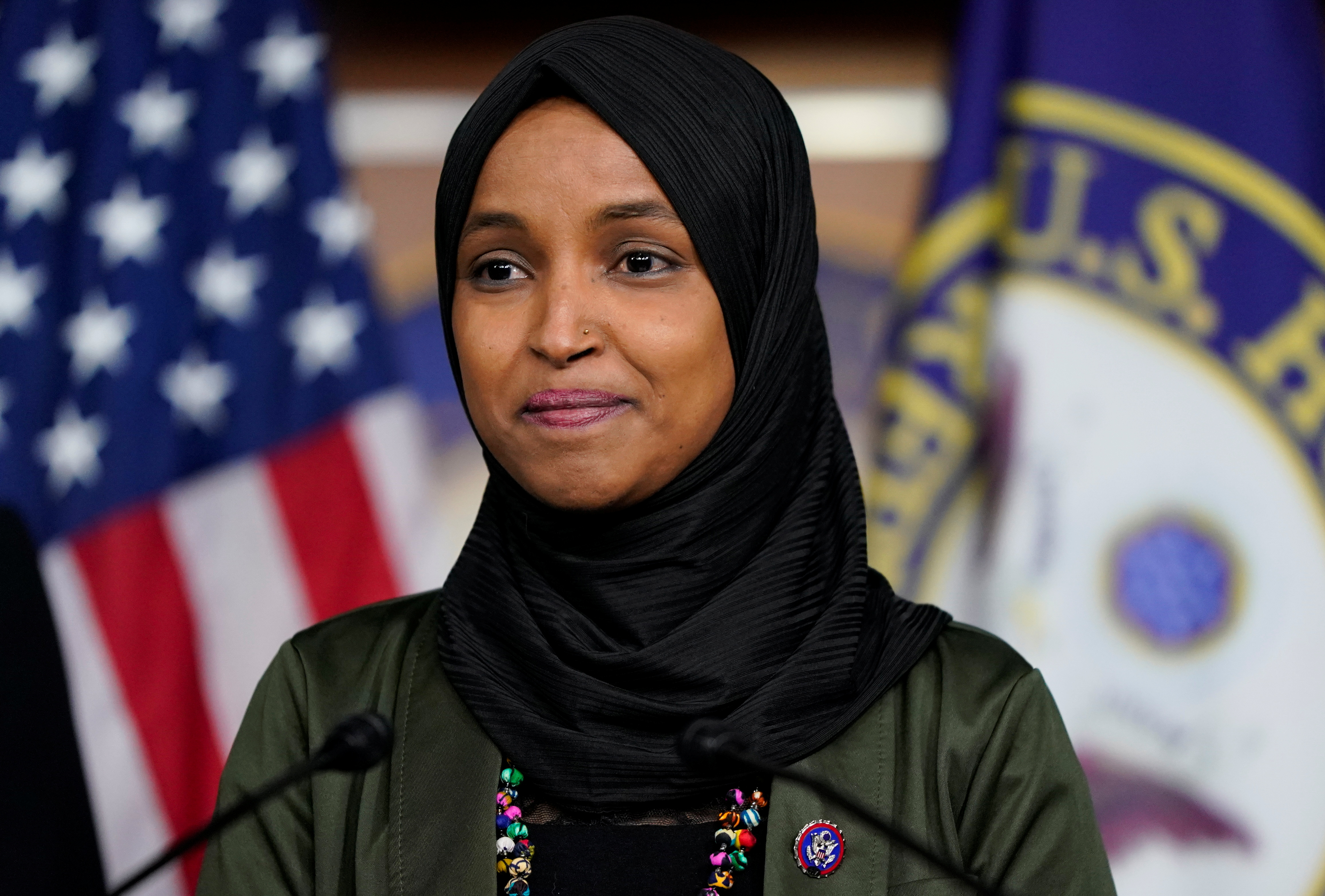 U.S. Representative Ilhan Omar (D-MN) attends a news conference addressing the anti-Muslim comments made by Representative Lauren Boebert (R-CO) towards Omar, on Capitol Hill in Washington, U.S., November 30, 2021. REUTERS/Elizabeth Frantz