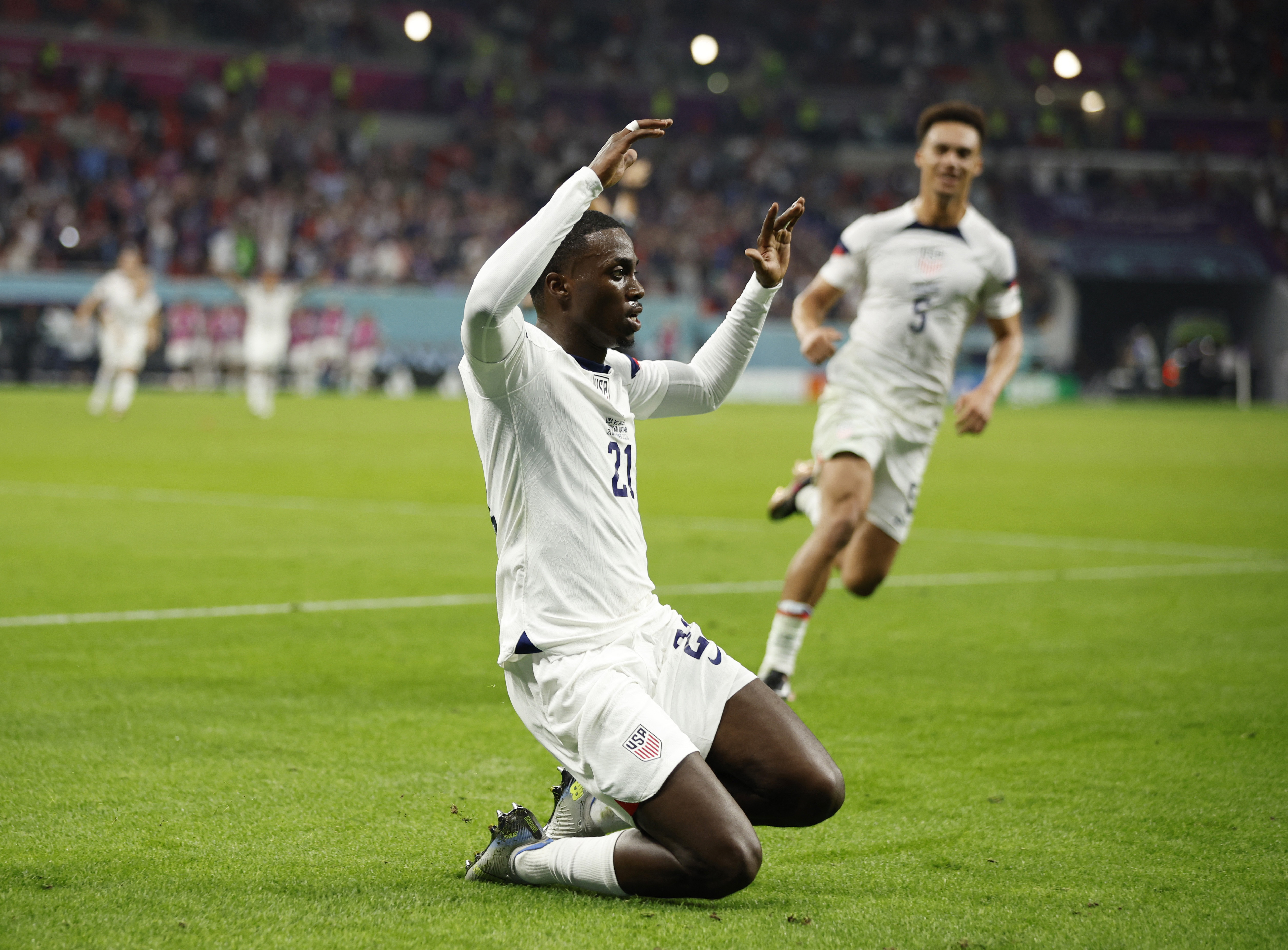 Timothy Weah of the US. celebrates a goal.