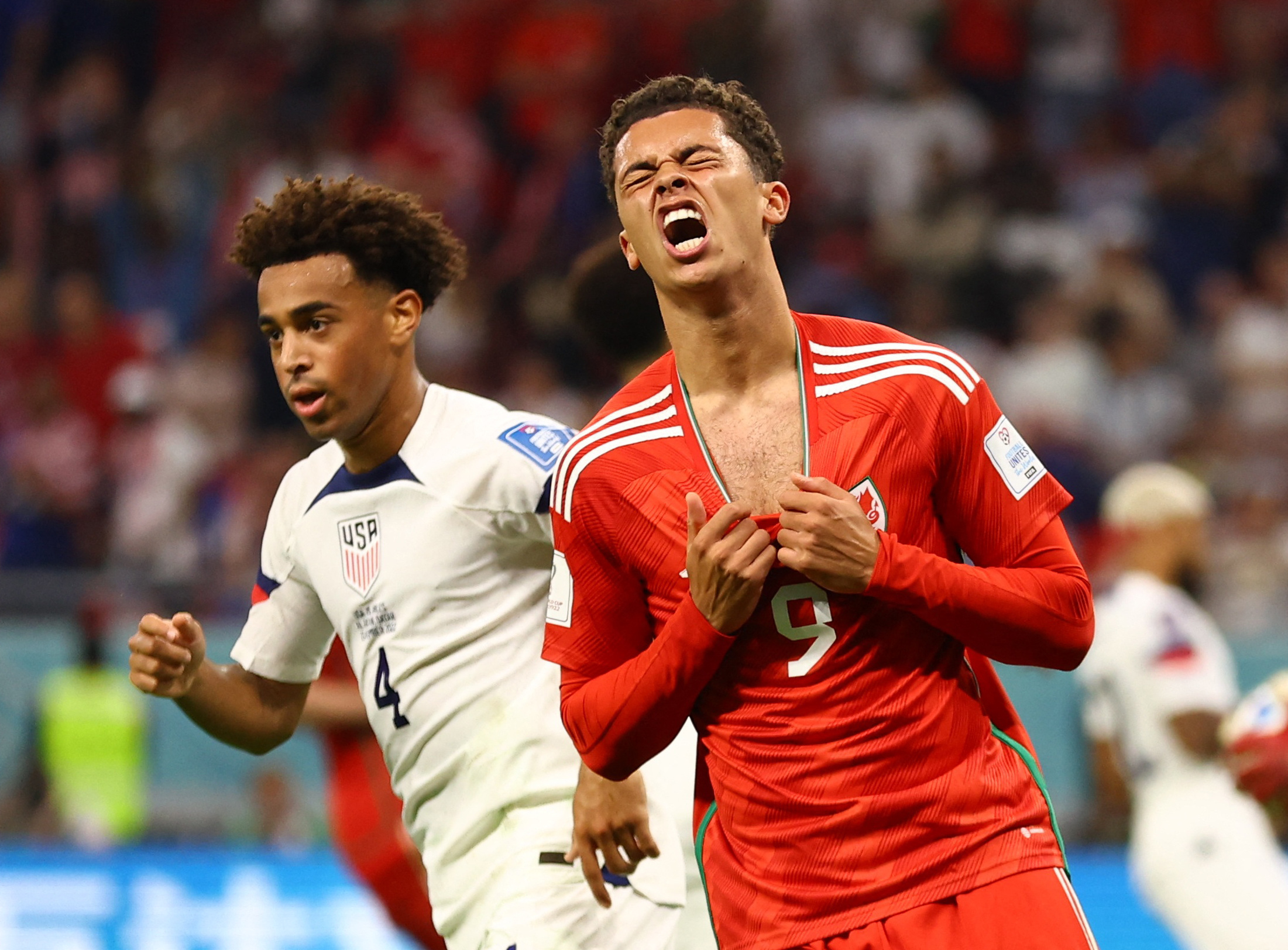 Wales’s Brennan Johnson reacts after missing a chance to score in their Group B game against the USA at Ahmad Bin Ali Stadium, Al Rayyan, Qatar, on November 21, 2022