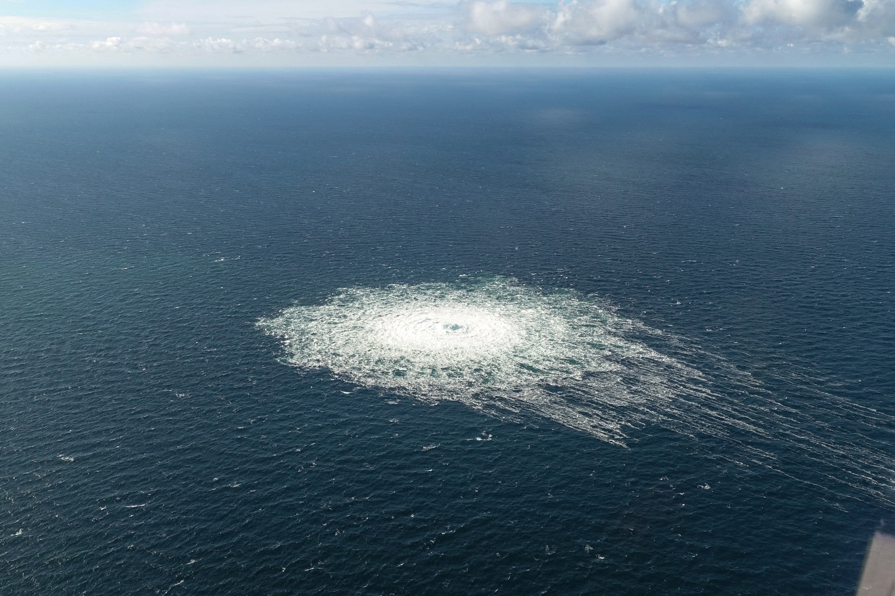 A photo of a gas leak at sea at the site of the Nord Stream 2 pipeline.