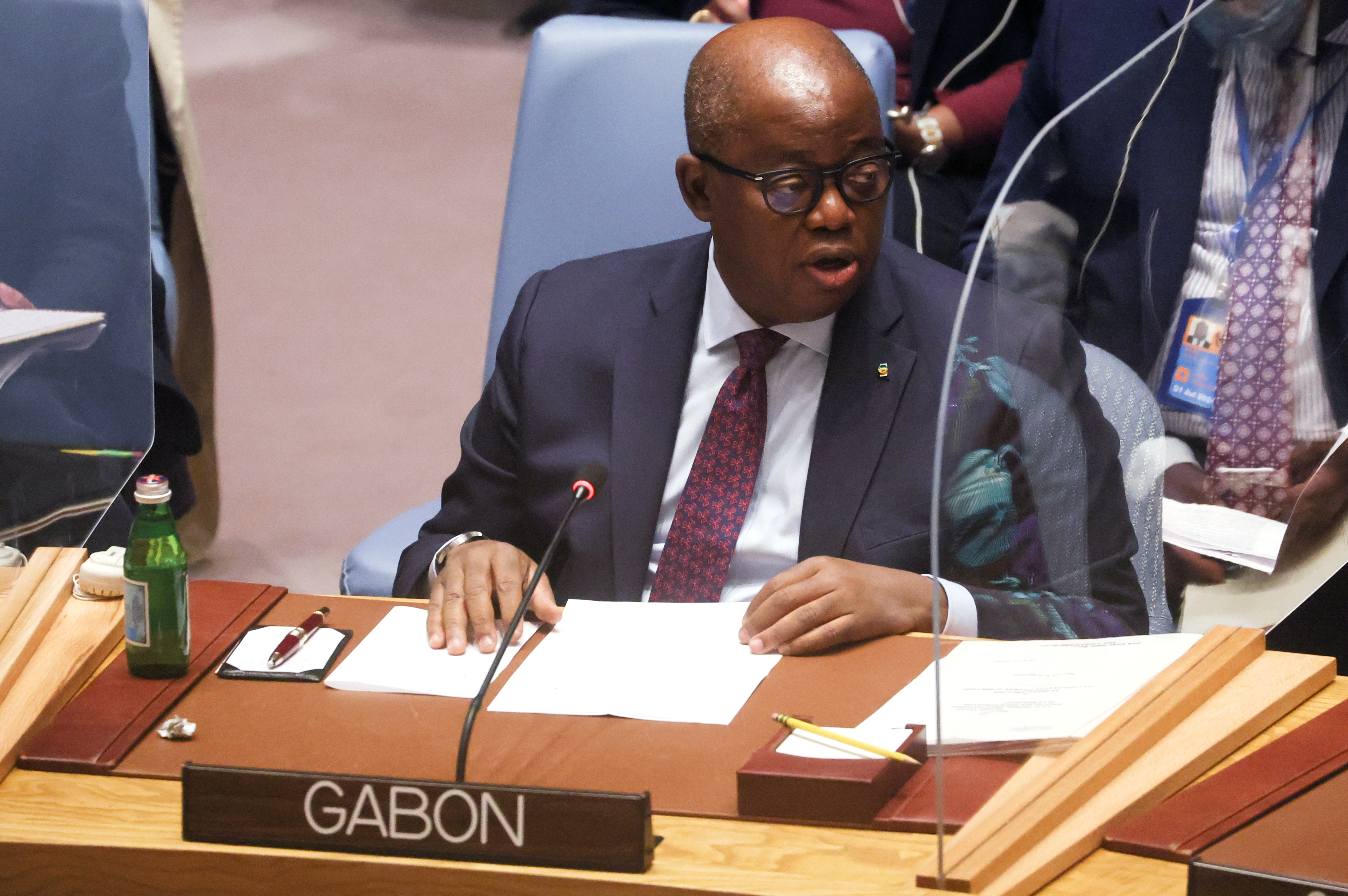 Gabon's Foreign Minister Michael Moussa Adamo speaks to a United Nations Security Council meeting on food insecurity and conflict at U.N. headquarters in New York City, New York, U.S., May 19, 2022. REUTERS/Shannon Stapleton